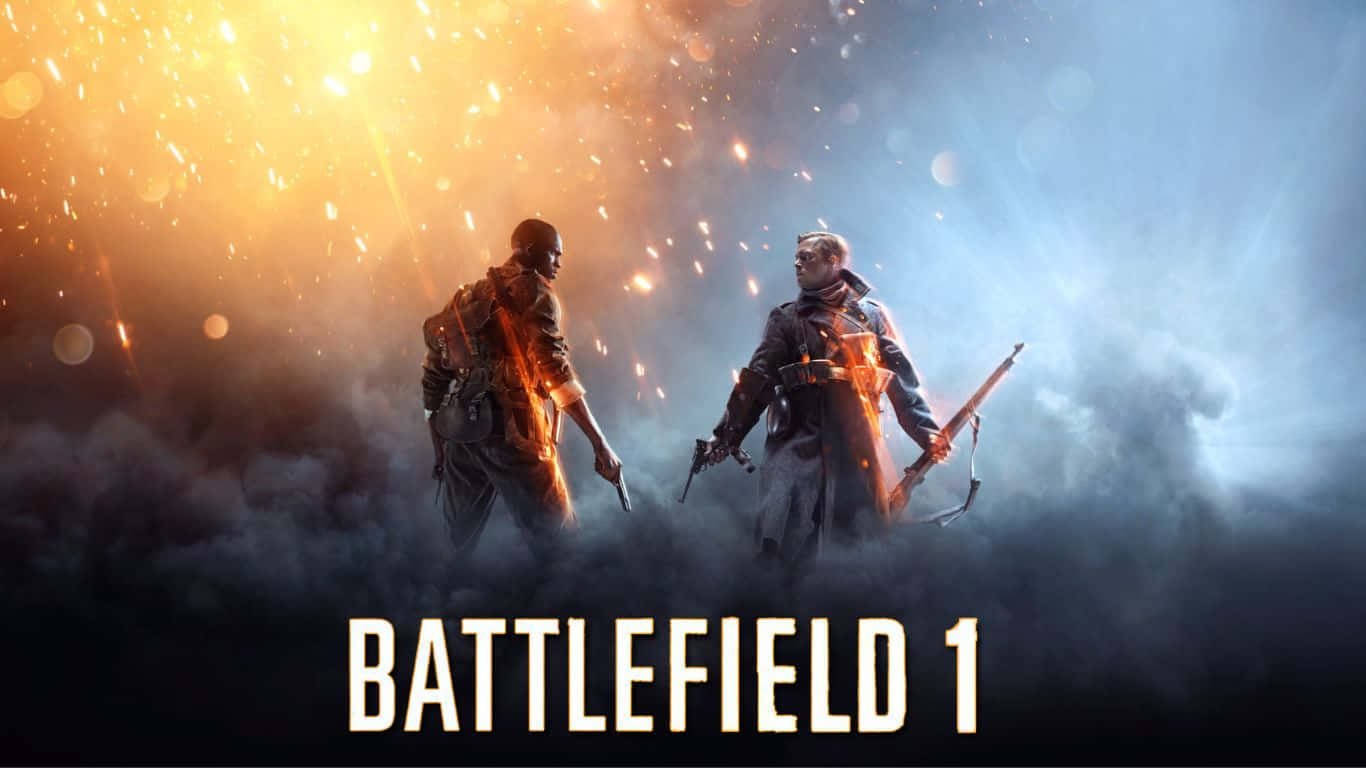 1366x768 Battlefield 1 桌布 壁紙 — 兩名士兵在煙霧彌漫的戰場上，背對熾熱的爆炸，站在戲劇性的天空下。