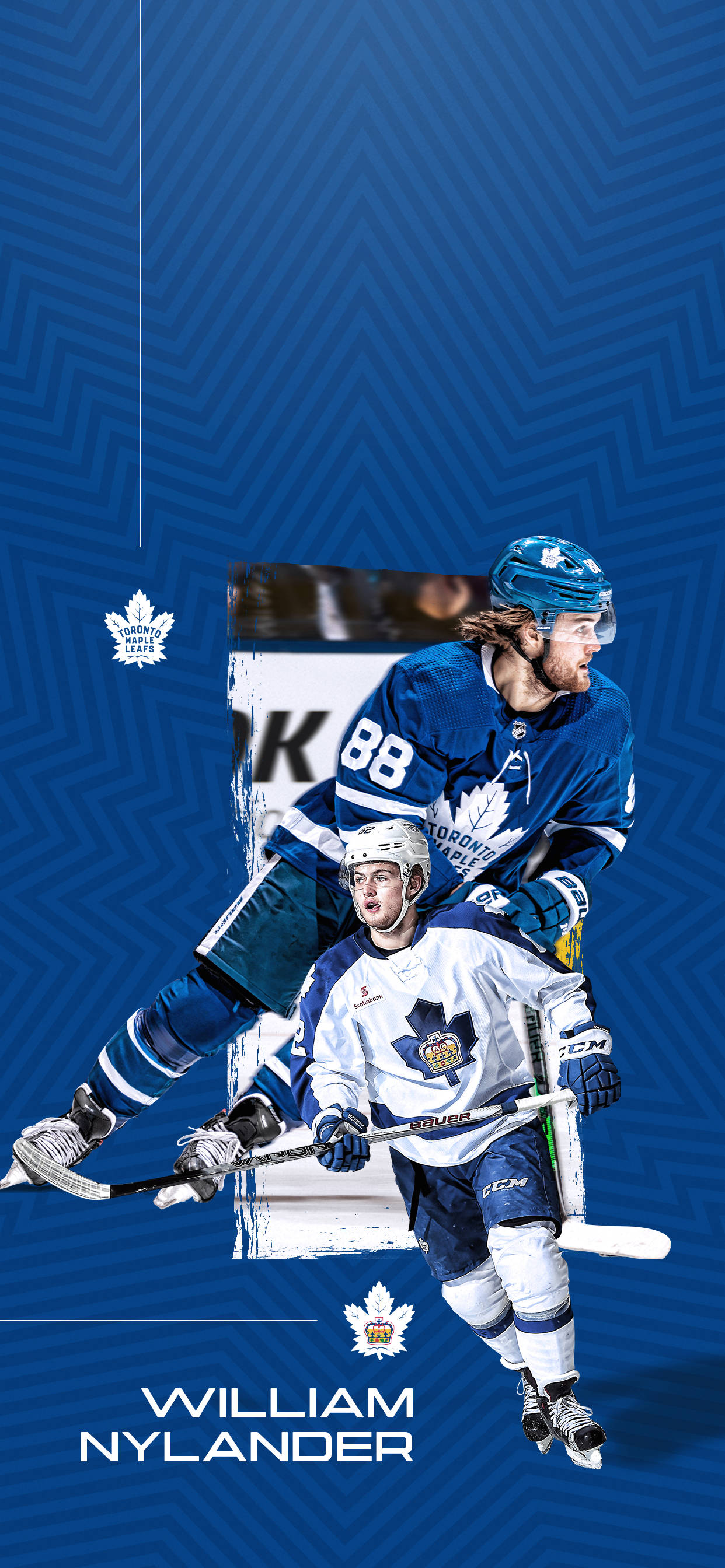 hockey 桌布 壁紙 — 兩名多倫多楓葉隊冰球運動員在藍色幾何背景前比賽，底部有球員姓名。