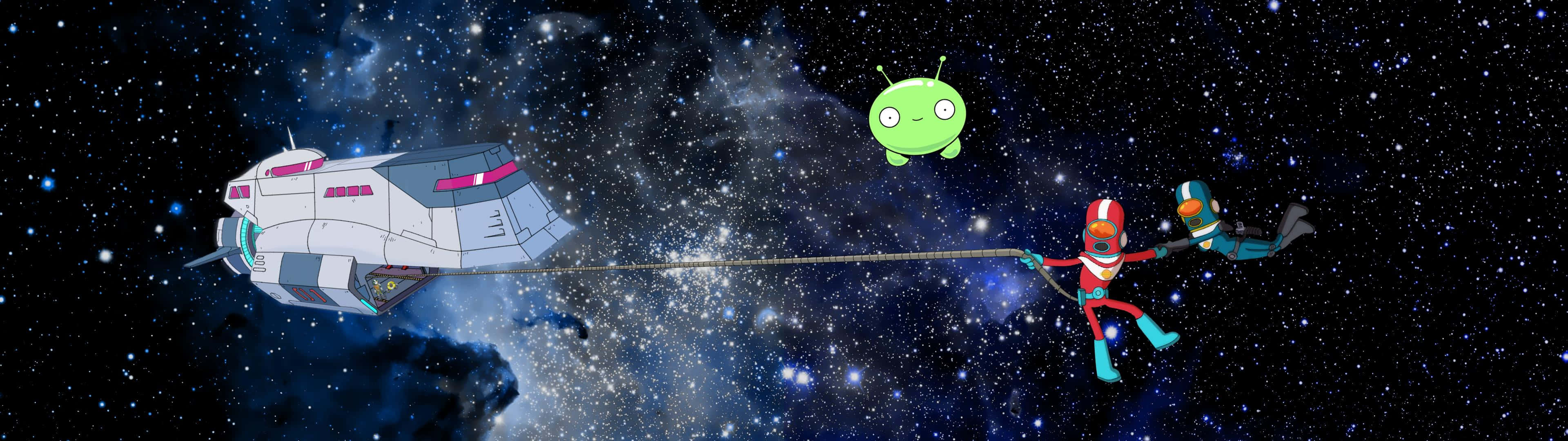外星人 桌布 壁紙 — 兩名太空人在太空中繫在太空船上，穿過星域拉著一個漂浮的綠色外星人。