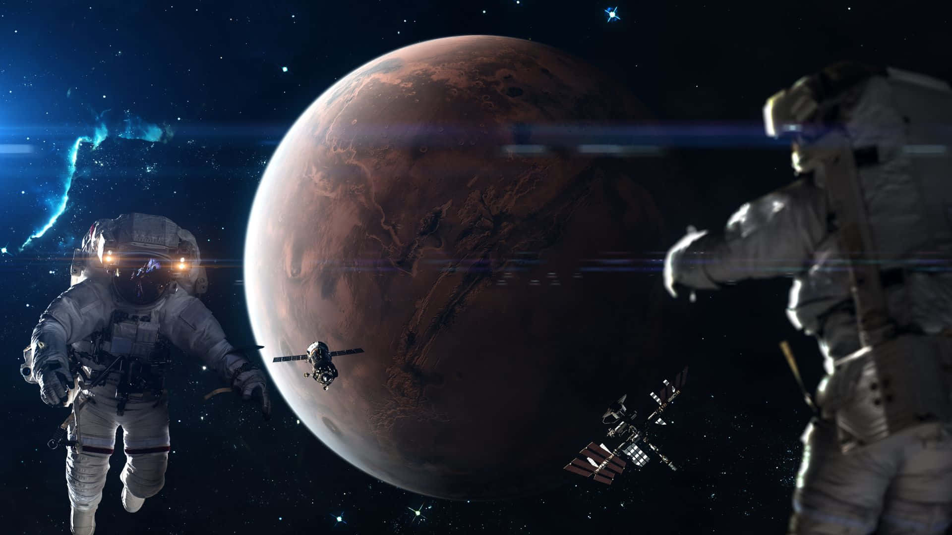 Live Space 桌布 壁紙 — 兩名太空人在太空漂浮，靠近一顆帶有環繞衛星和發光星雲的微紅色行星。