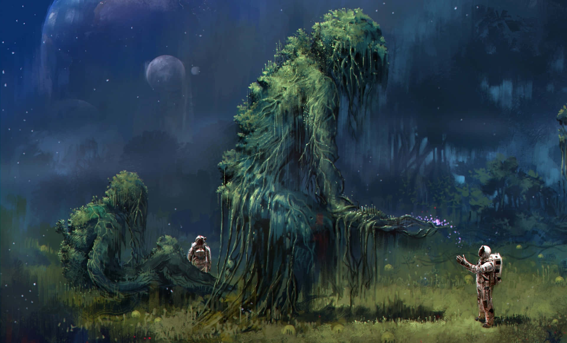 Fantasy Space 桌布 壁紙 — 兩名太空人在星空下探索茂密的外星森林，有漂浮的月亮和發光的植物。