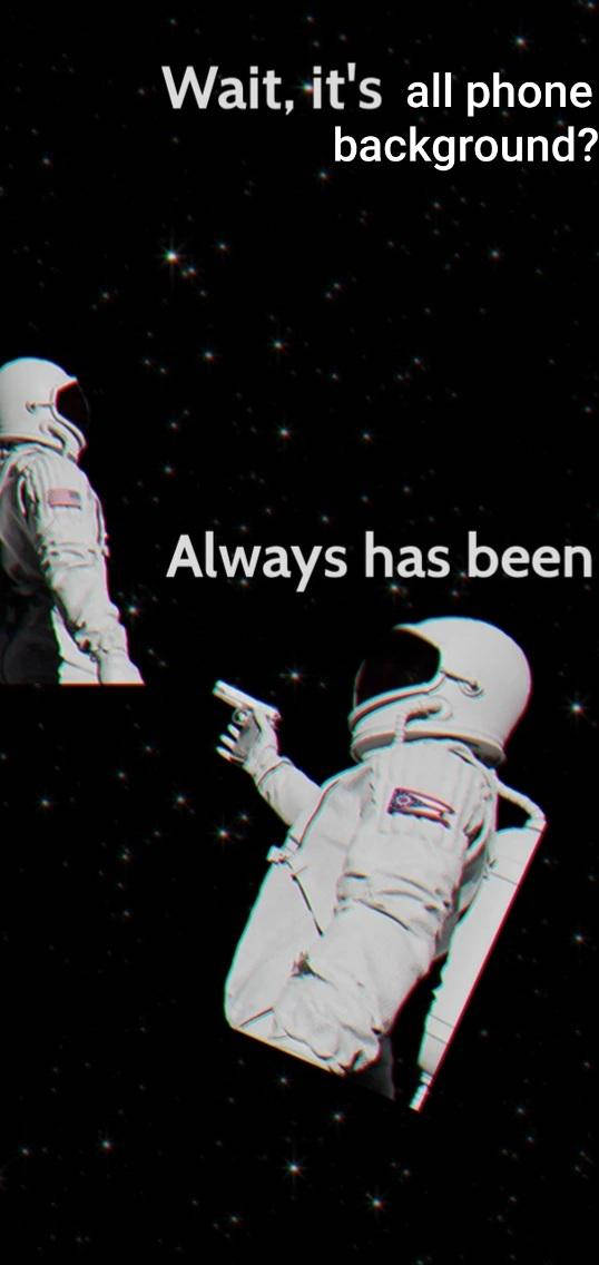 太空 桌布 壁紙 — 兩名太空人在星空漂浮，並有文字疊加詢問這是否手機背景。