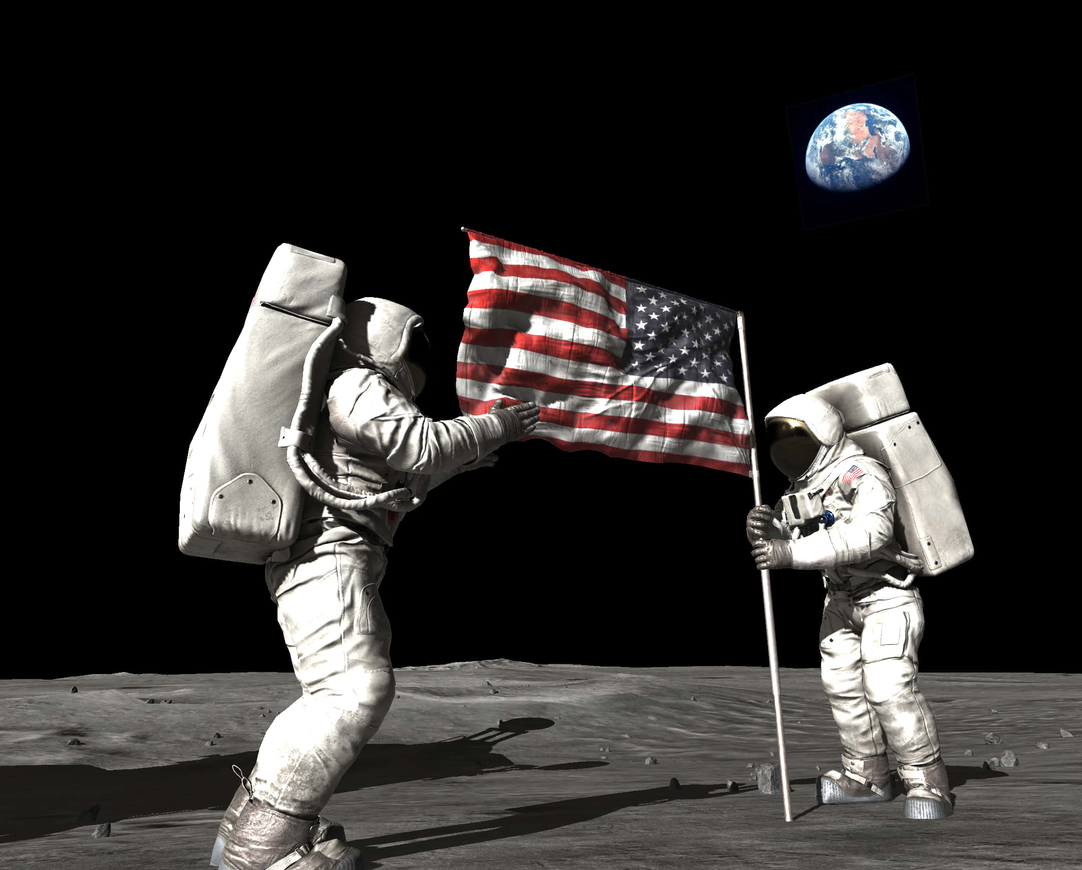 Moon Landing 桌布 壁紙 — 兩名太空人在月球上插上美國國旗，黑色天空中可見地球。