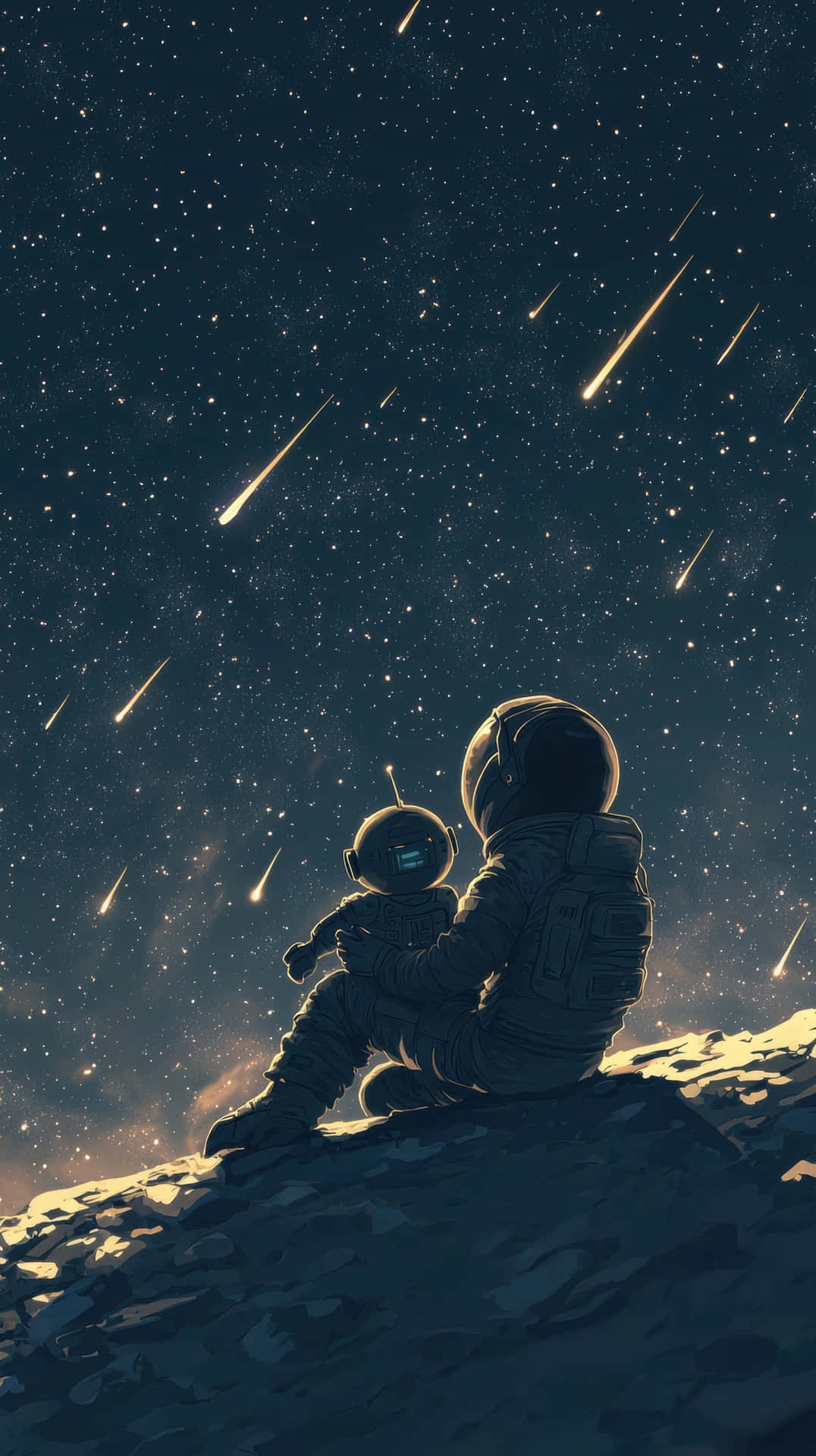 Astronauts Watching Meteor Shower on Alien Planet Under Starry Sky 壁紙 — 兩名太空人坐在岩石露頭上，在星空下觀看流星劃過天際的宇宙景象。