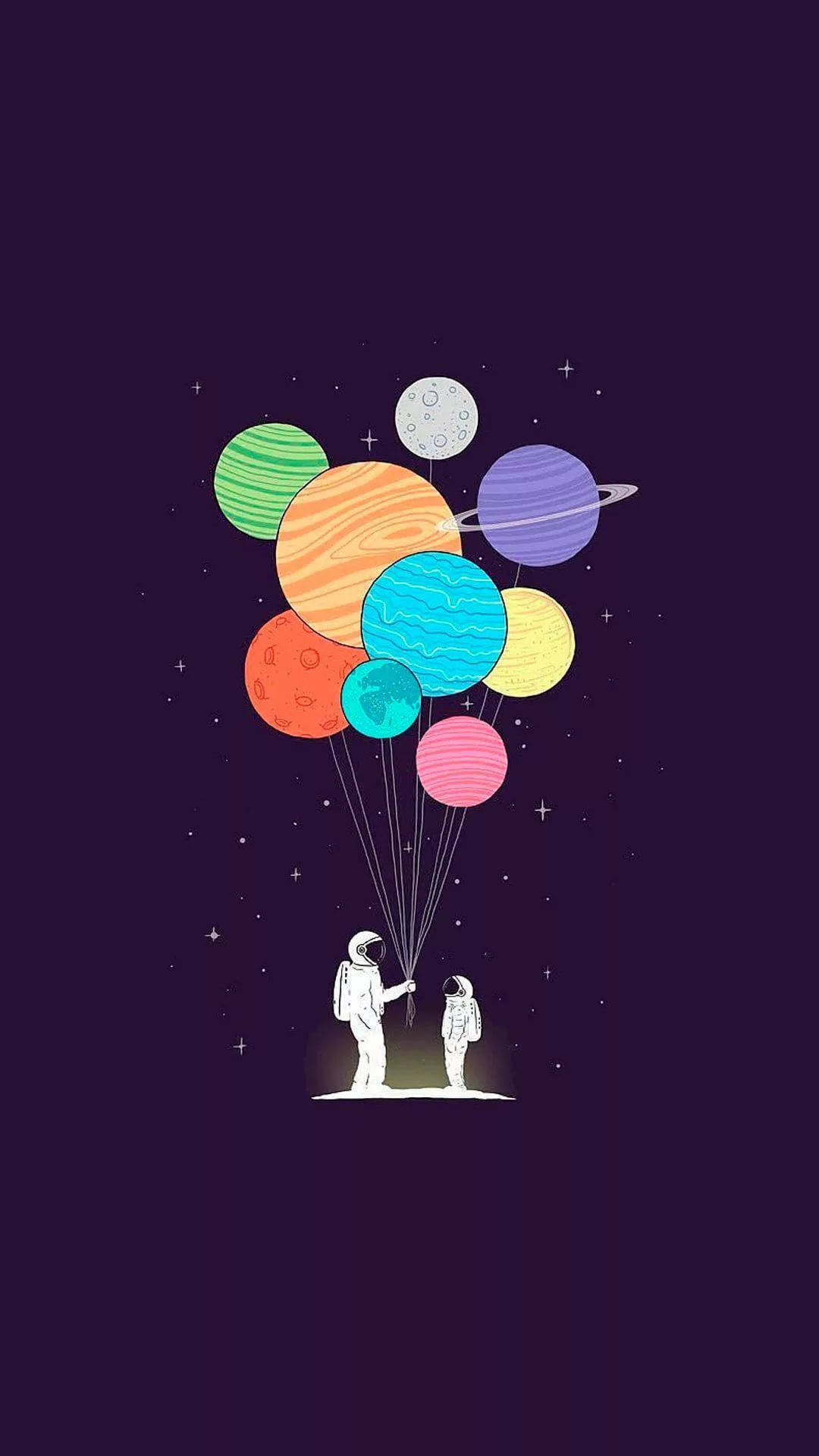 Pretty Galaxy 桌布 壁紙 — 兩名太空人手持繩索，連接到在繁星點點的紫色夜空中漂浮的彩色卡通行星。