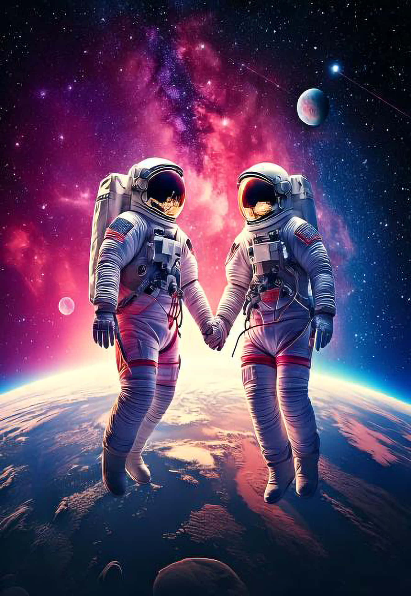 Astronaut in Space 壁紙 — 兩名太空人手牽手漂浮在地球上空，背景是充滿活力的粉紅色和紫色星雲以及遙遠的行星。