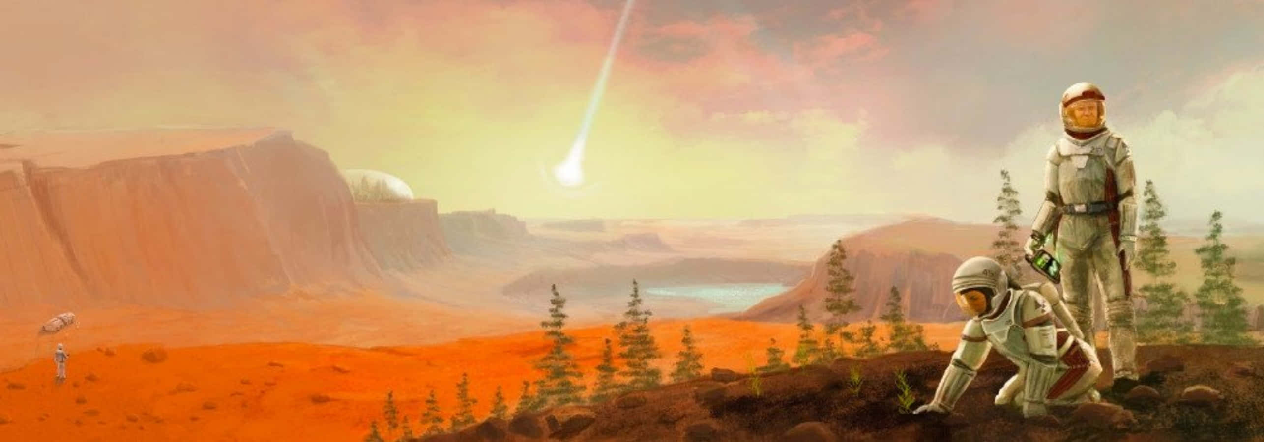 Terraforming 桌布 壁紙 — 兩名太空人探索一個微紅色的外星峽谷，同時一顆明亮的流星劃過暮色天空。