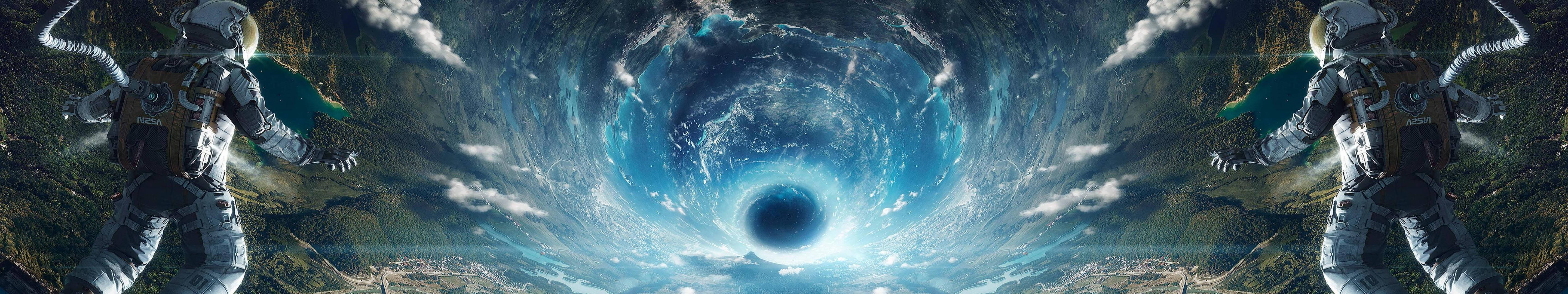 黑洞 桌布 壁紙 — 兩名太空人漂浮在一個旋轉的宇宙漩渦附近，中心有一個黑洞，背景是星空。
