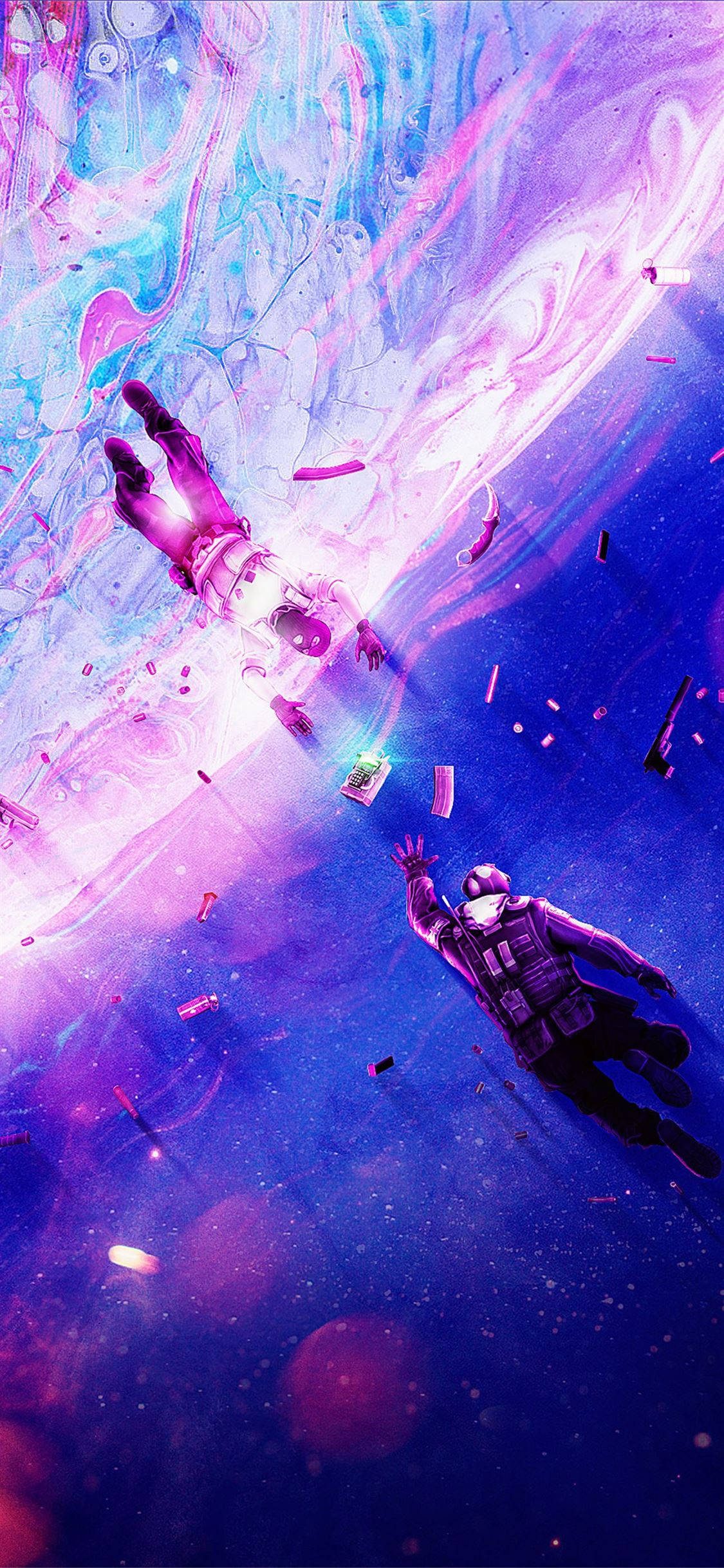 cs go iPhone 桌布 壁紙 — 兩名太空人漂浮在超現實的宇宙星雲中，周圍環繞著旋轉的紫色、藍色和粉紅色發光能量以及漂浮的碎片。