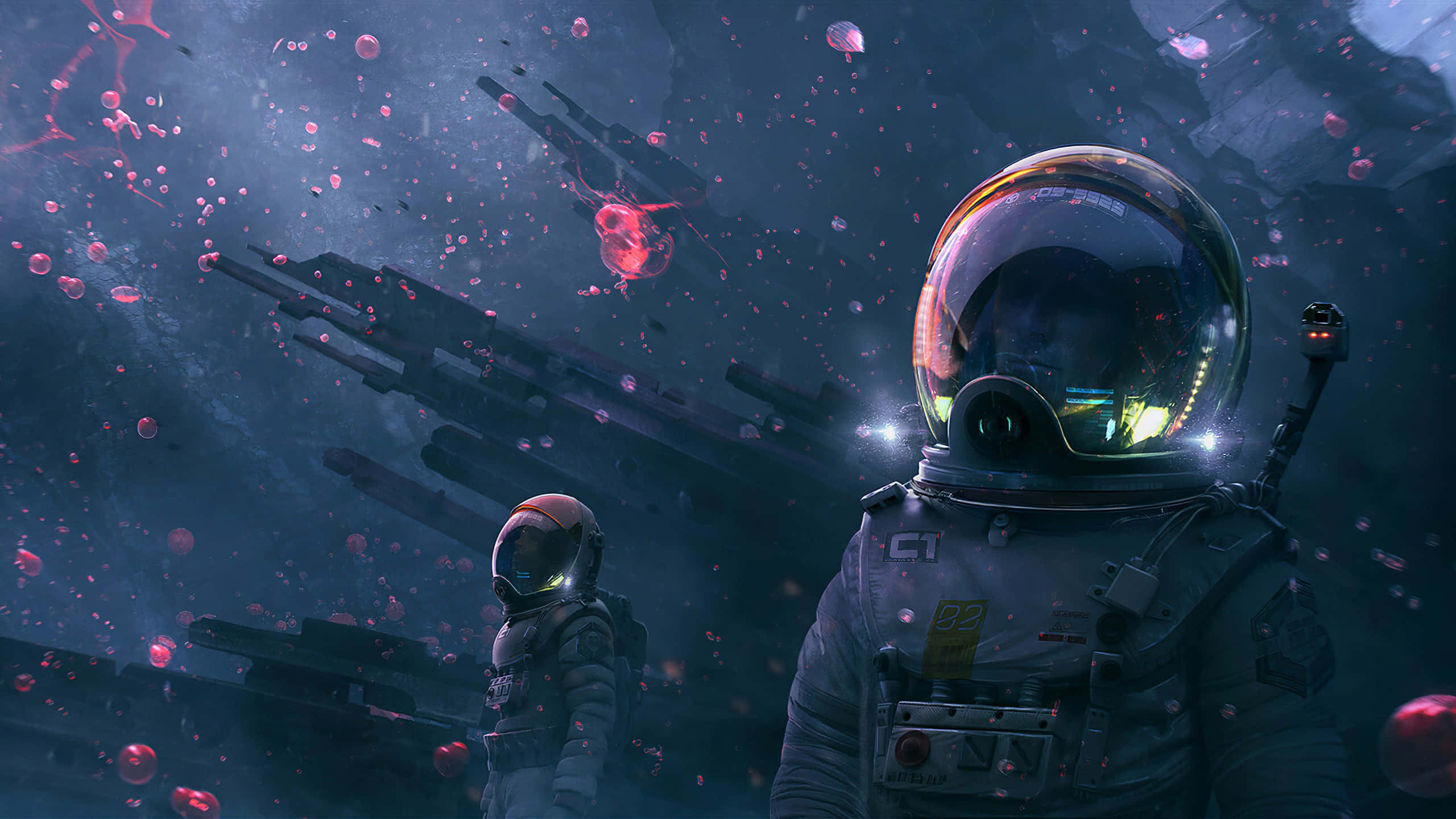 太空人 桌布 壁紙 — 兩名太空人漂浮在黑暗的宇宙虛空中，周圍環繞著發光的粉紅色水母狀生物和廢棄的太空船。