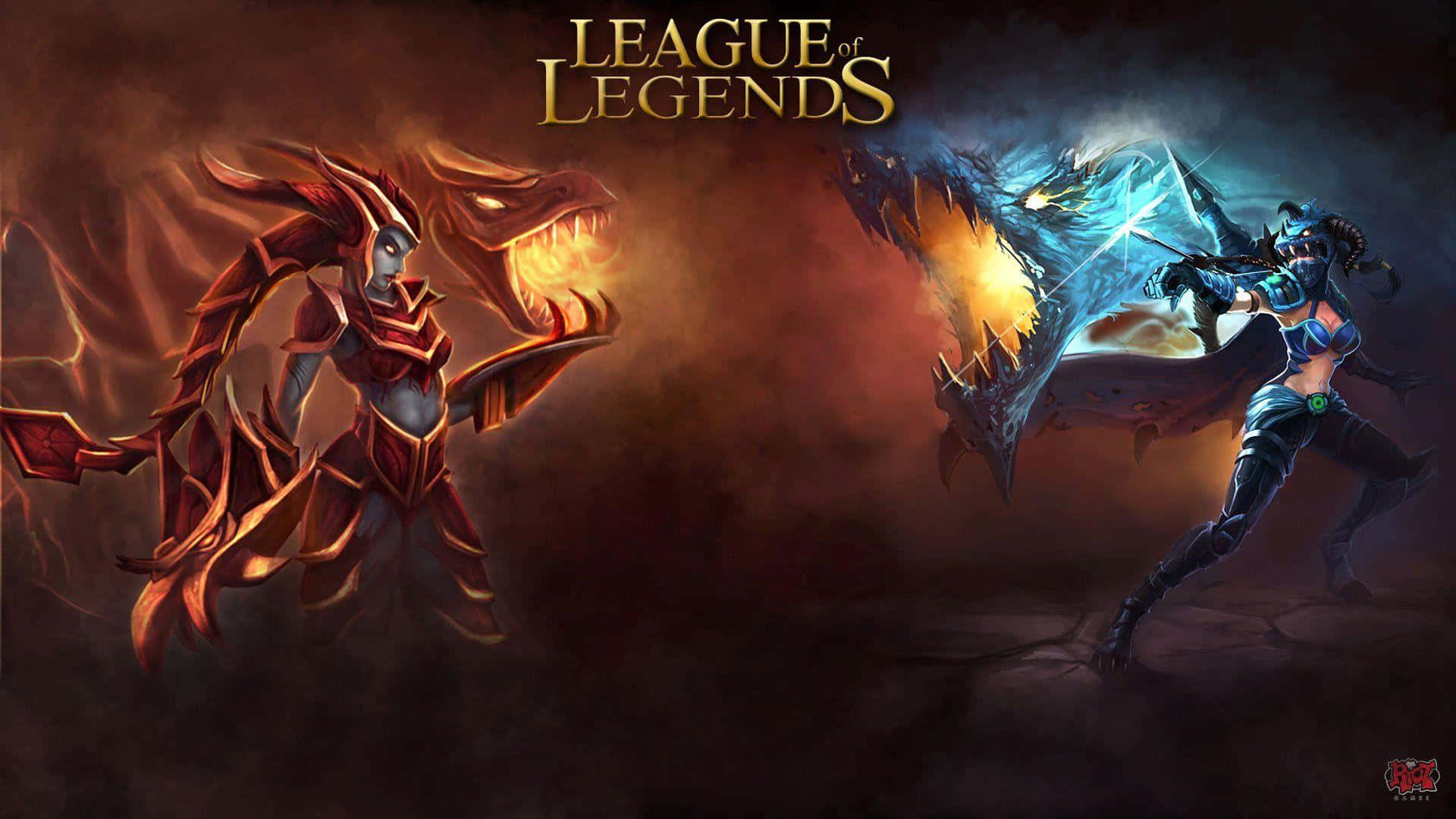 Best League Of Legends 桌布 壁紙 — 兩名奇幻戰士與龍交鋒，一條火紅，一條冰藍，在《英雄聯盟》的戲劇性戰鬥場景中。