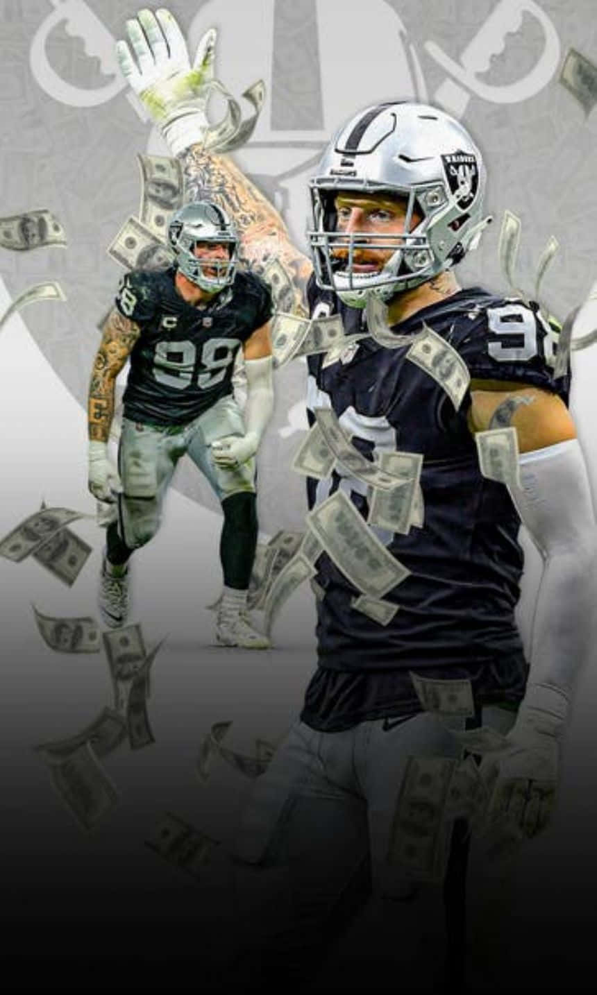 Las Vegas Raiders 桌布 壁紙 — 兩名奧克蘭突襲者隊的足球運動員在金錢如雨般灑落在他們周圍的動態數位構圖中慶祝。