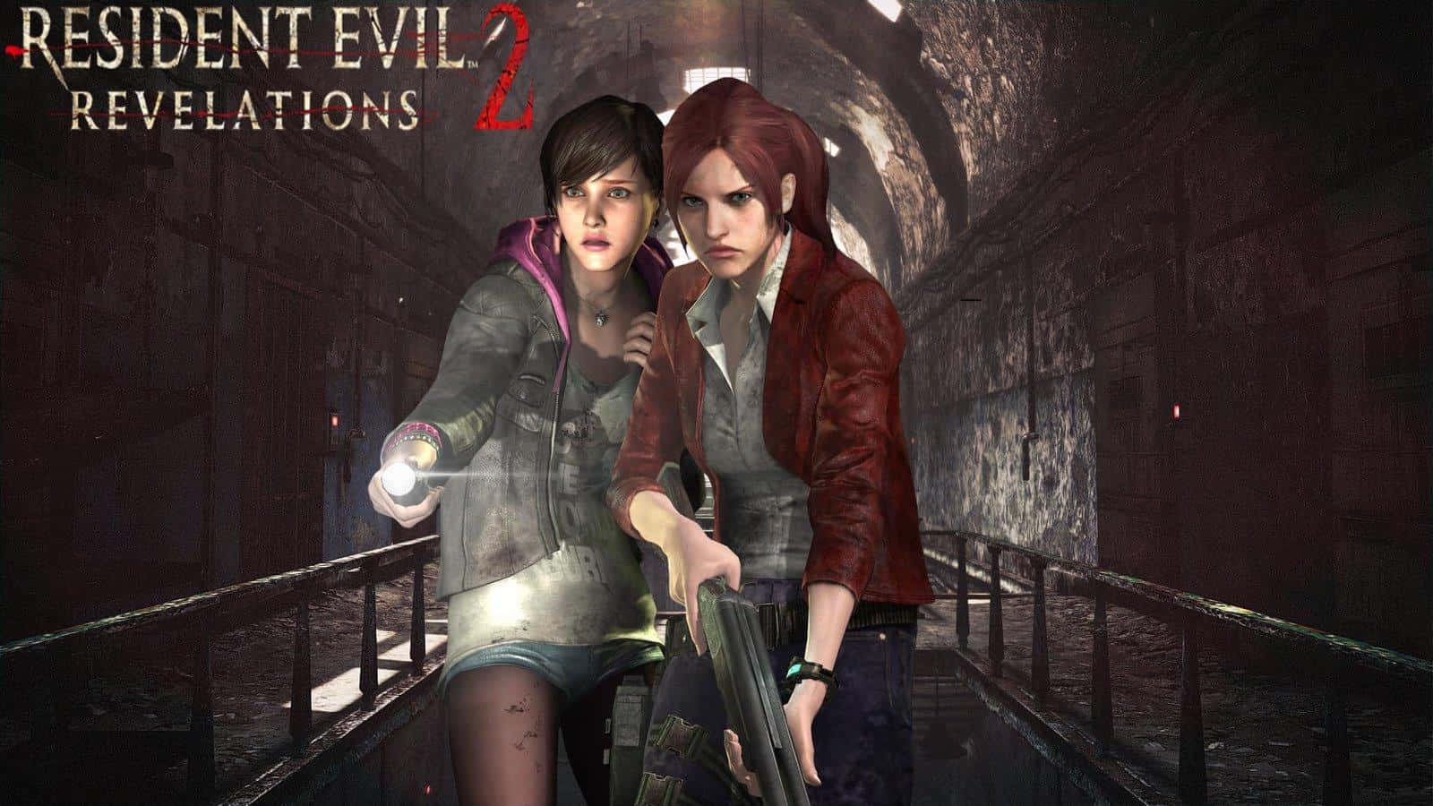 Resident Evil Revelations 2 桌布 壁紙 — 兩名女子在黑暗陰森的隧道中手持武器和手電筒，小心翼翼地穿過骯髒的工業走廊。