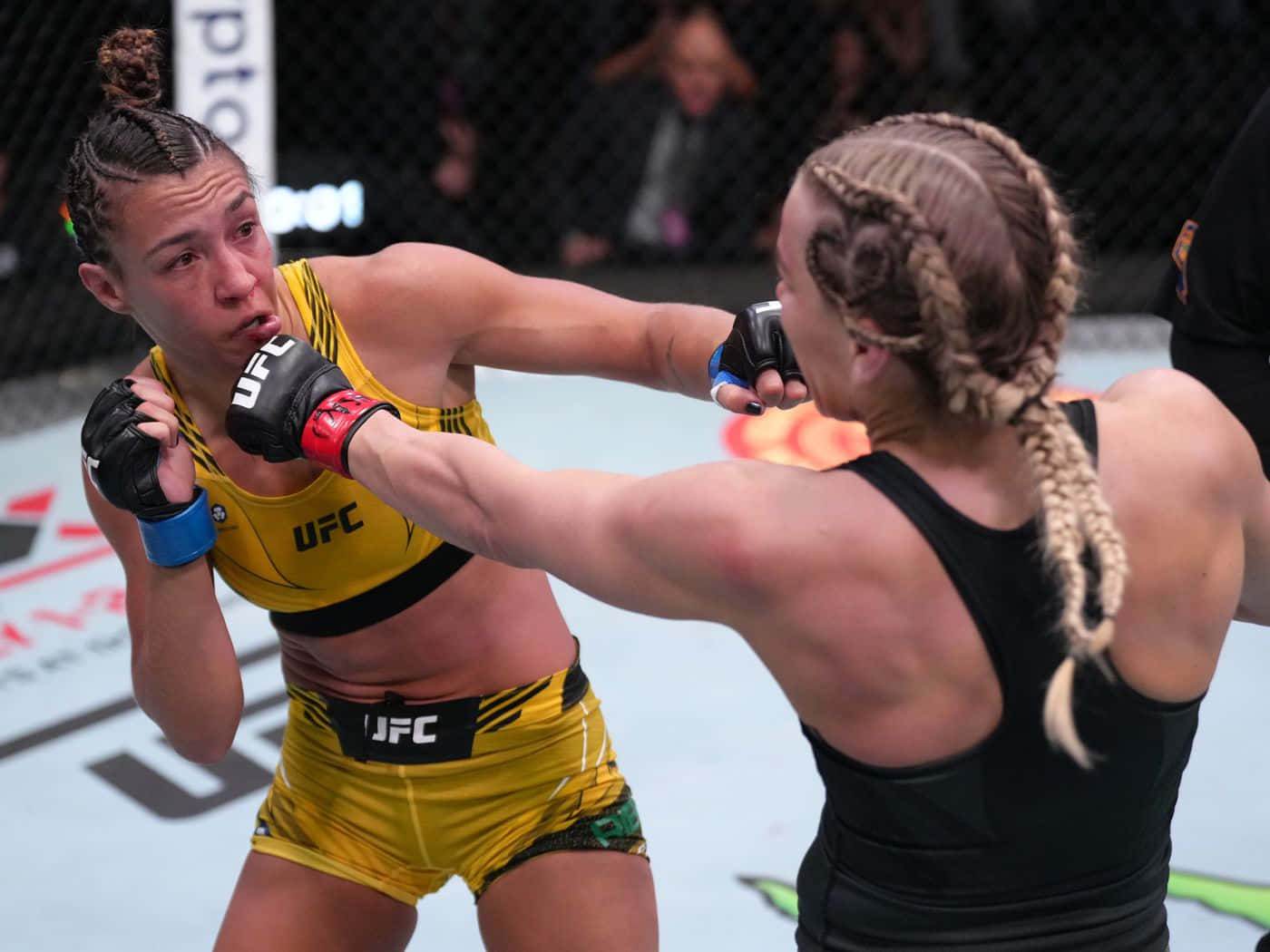 桌布 壁紙 — 兩名女性MMA拳手在激烈的UFC比賽中交鋒，其中一人打出強力一拳。