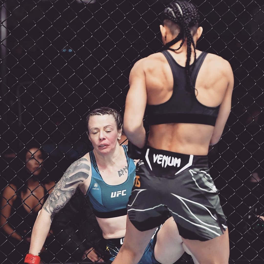 運動 桌布 壁紙 — 兩名女性MMA拳手在籠中，一名紮辮子、穿Venum短褲的拳手壓制另一名有刺青、穿UFC裝備的拳手。