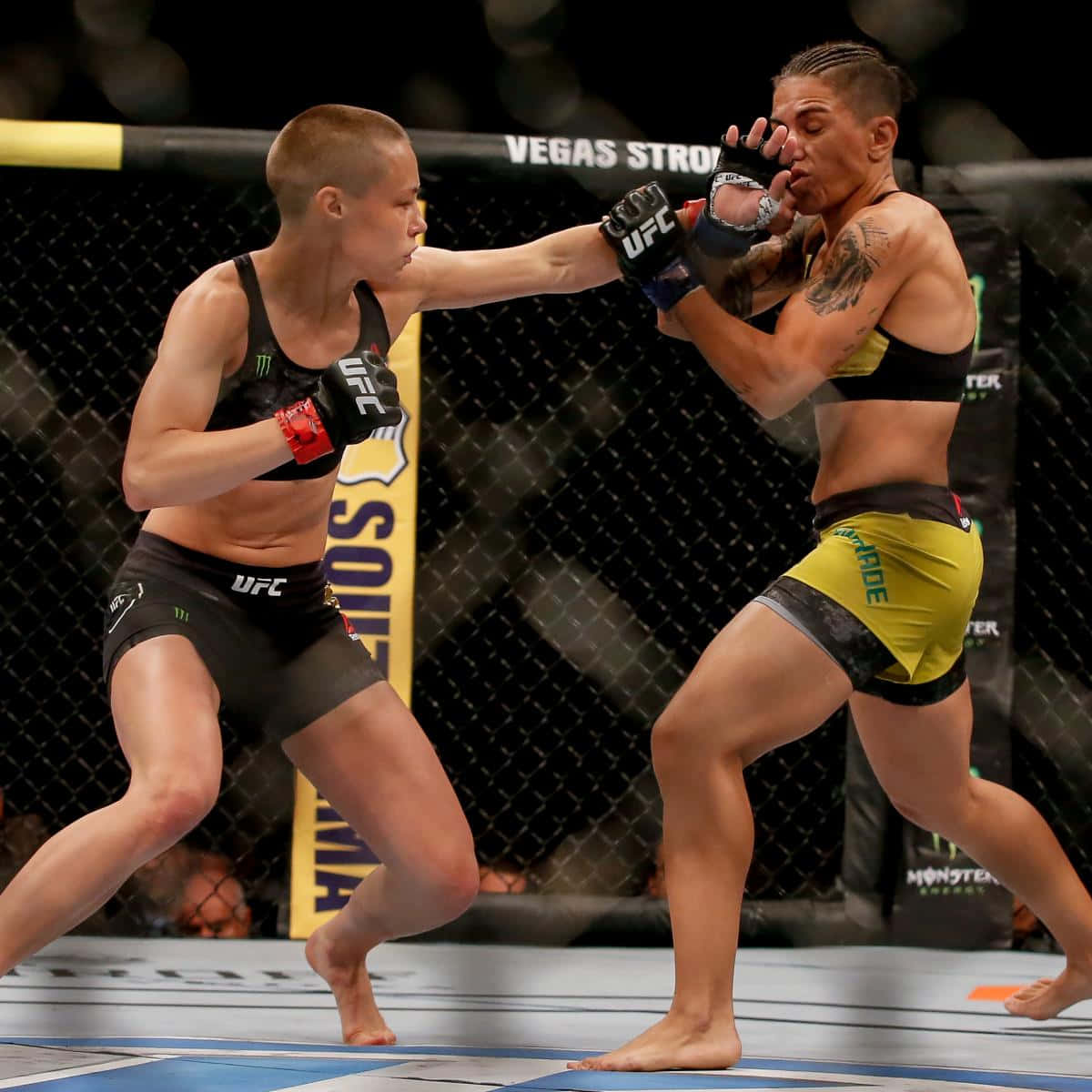 UFC 桌布 壁紙 — 兩名女性MMA拳手在籠中交鋒，其中一人在UFC比賽中向對手面部打出強力一拳。