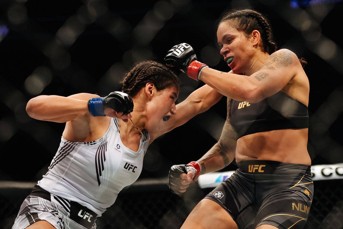MMA 桌布 壁紙 — 兩名女性MMA拳手在籠中交鋒，其中一人向對手面部猛烈出拳。