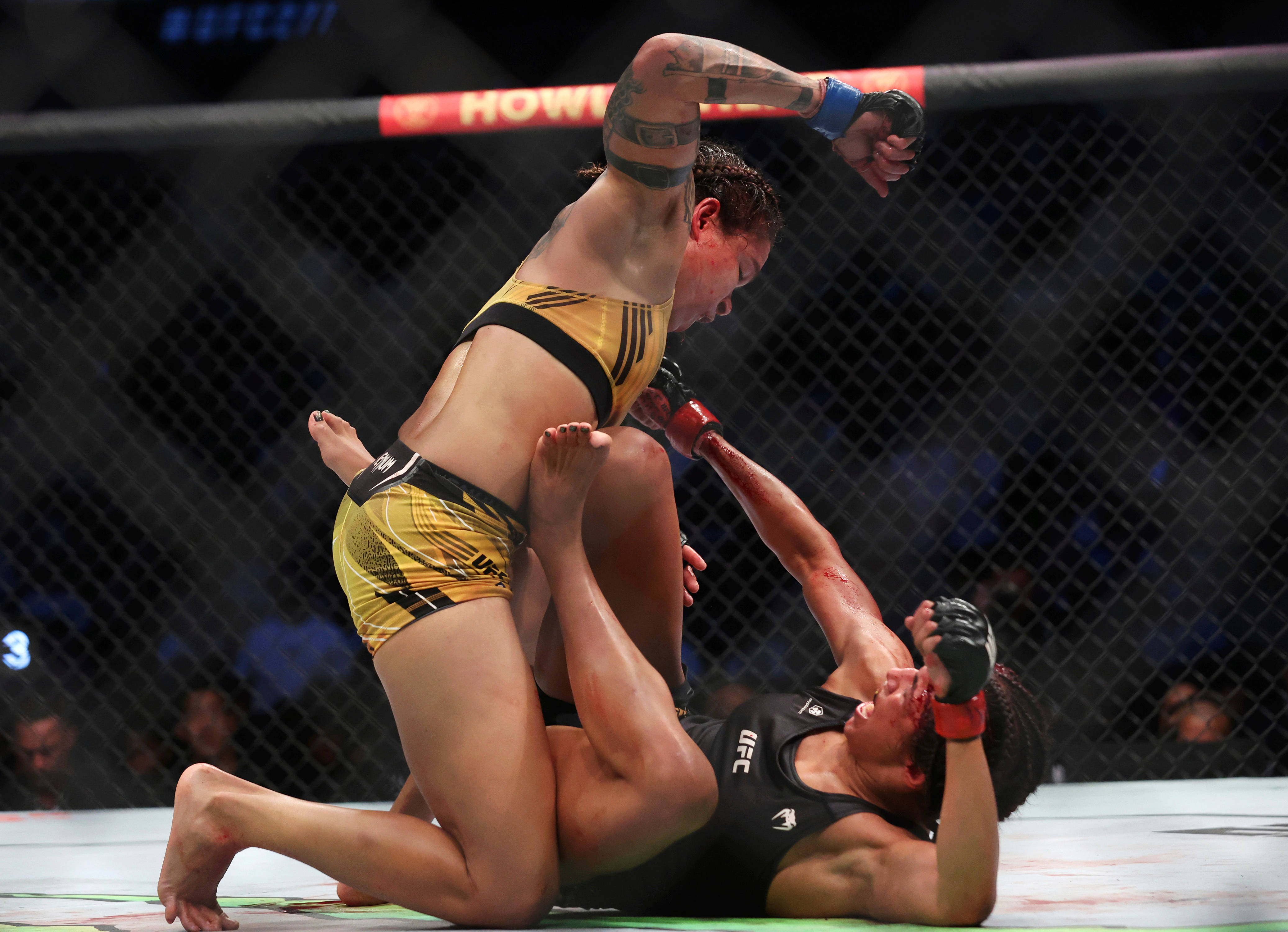 運動 桌布 壁紙 — 兩名女性MMA拳手在籠中激烈纏鬥，其中一人施展降服技。