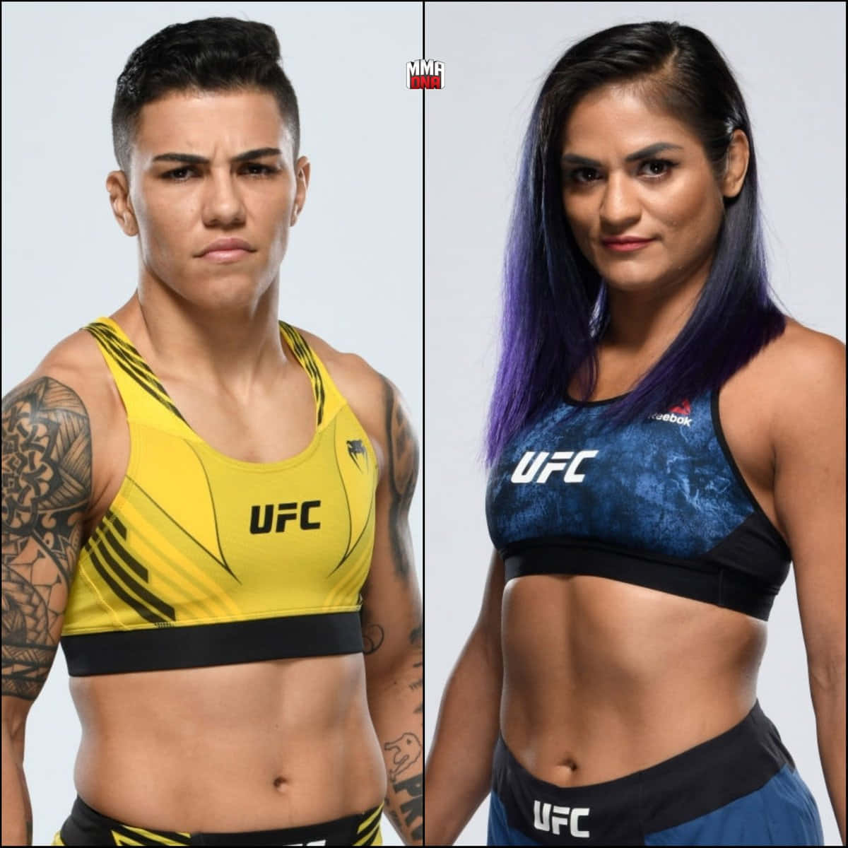 MMA 桌布 壁紙 — 兩名女性MMA拳手穿著品牌運動服，在純色工作室背景前激烈並排擺姿勢。