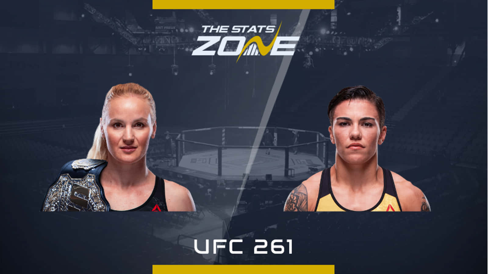 MMA 桌布 壁紙 — 兩名女性UFC拳手在UFC 261的宣傳圖像中對峙，背景有冠軍腰帶和八角籠。