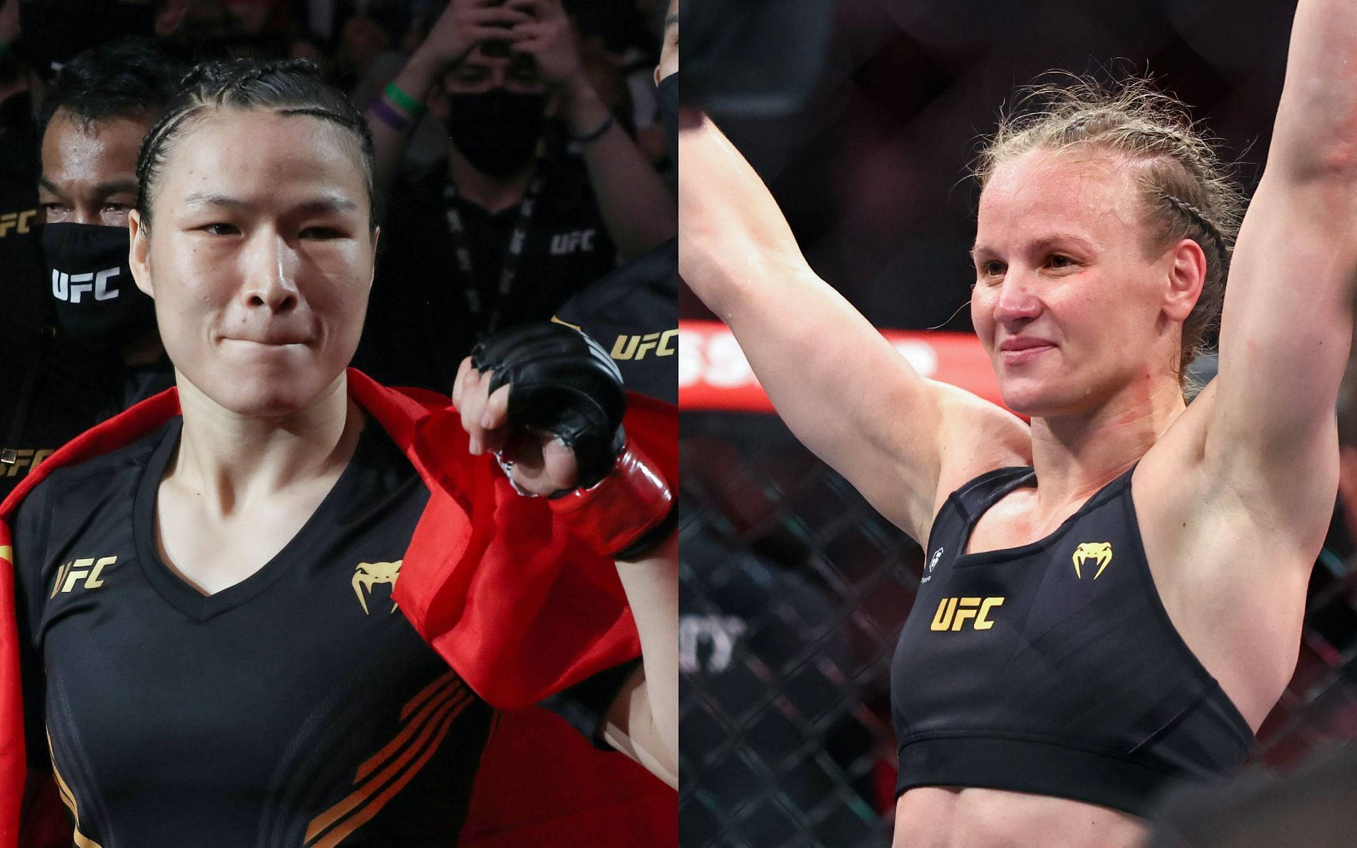 運動 桌布 壁紙 — 兩名女性UFC拳手在八角籠中慶祝勝利，一人披著紅旗，另一人高舉雙臂歡呼。