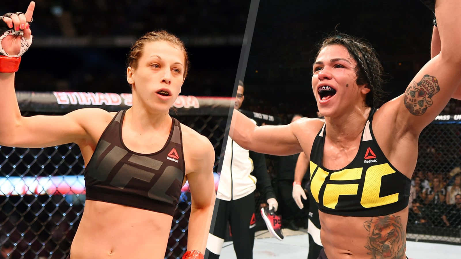 高清 桌布 壁紙 — 兩名女性UFC拳手在八角籠中慶祝勝利，表情勝利，雙臂高舉。