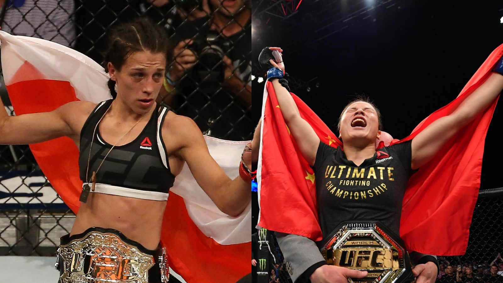 Victory 桌布 壁紙 — 兩名女性UFC拳手在八角籠中手持冠軍腰帶和國旗慶祝勝利。