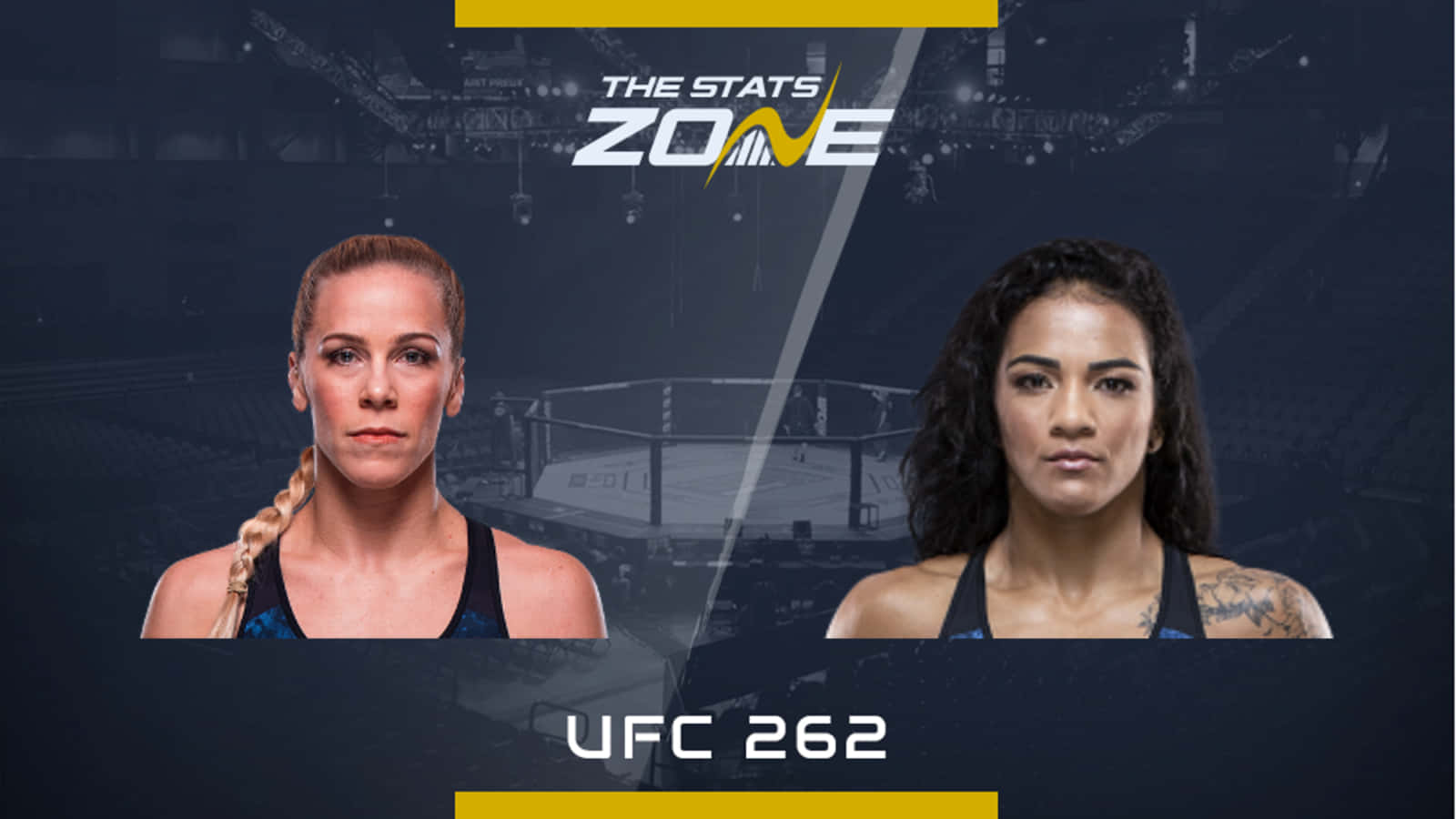 桌布 壁紙 — 兩名女性UFC拳手在黑暗的競技場背景下，帶著「UFC 262」和「The Stats Zone」品牌標誌，凝視鏡頭。