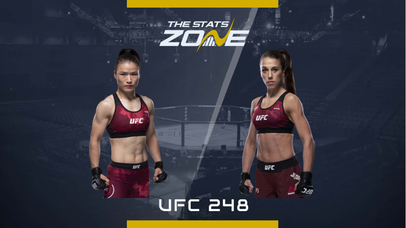 MMA 桌布 壁紙 — 兩名女性UFC拳手身穿紅色裝備，在燈光昏暗的八角籠中對峙。
