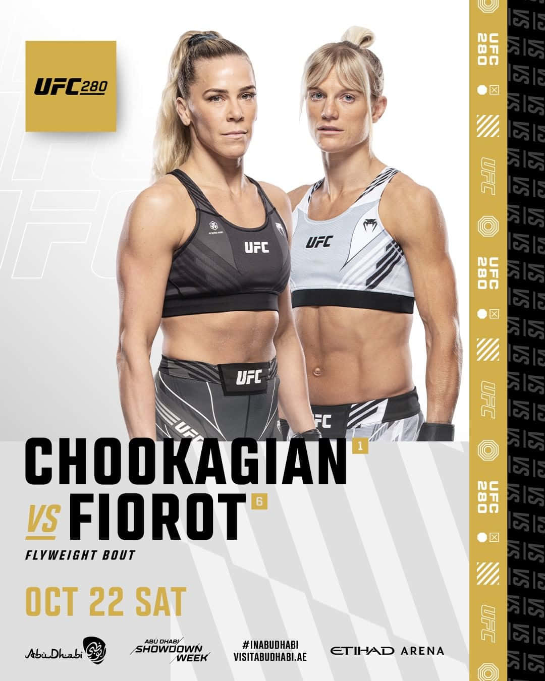 桌布 壁紙 — 兩名女性UFC拳手身穿運動裝備，在品牌宣傳背景前擺好姿勢，準備進行蠅量級比賽。