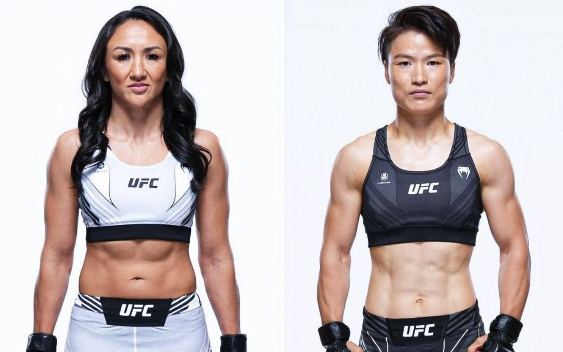 MMA 桌布 壁紙 — 兩名女性UFC拳手身穿運動裝備，在純白色背景前自信地擺姿勢。