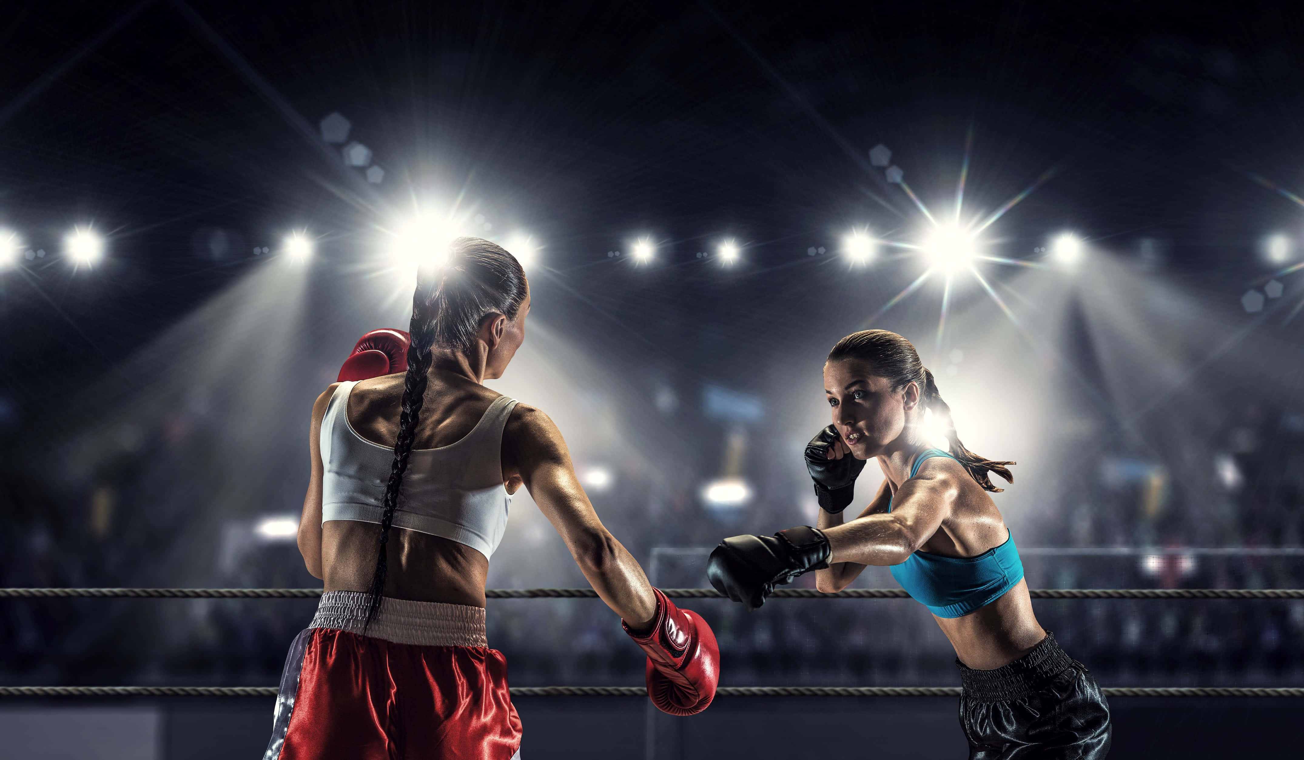 Boxing 桌布 壁紙 — 兩名女拳擊手在體育場燈光下明亮的擂台上交鋒，背景是模糊的人群。
