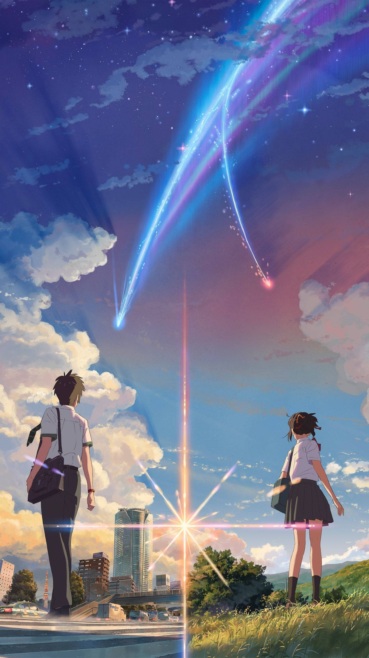動漫 桌布 壁紙 — 兩名學生仰望，鮮豔的藍色和粉紅色彗星軌跡劃過城市上空暮色天空。