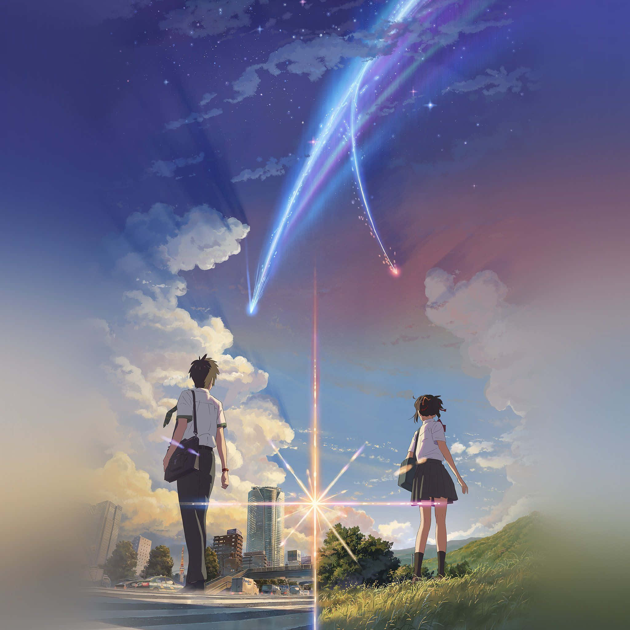 Cute Aesthetic iPad 桌布 壁紙 — 兩名學生站在橋上，觀看魔法般發光的彗星劃過佈滿星星和雲朵的暮色天空。