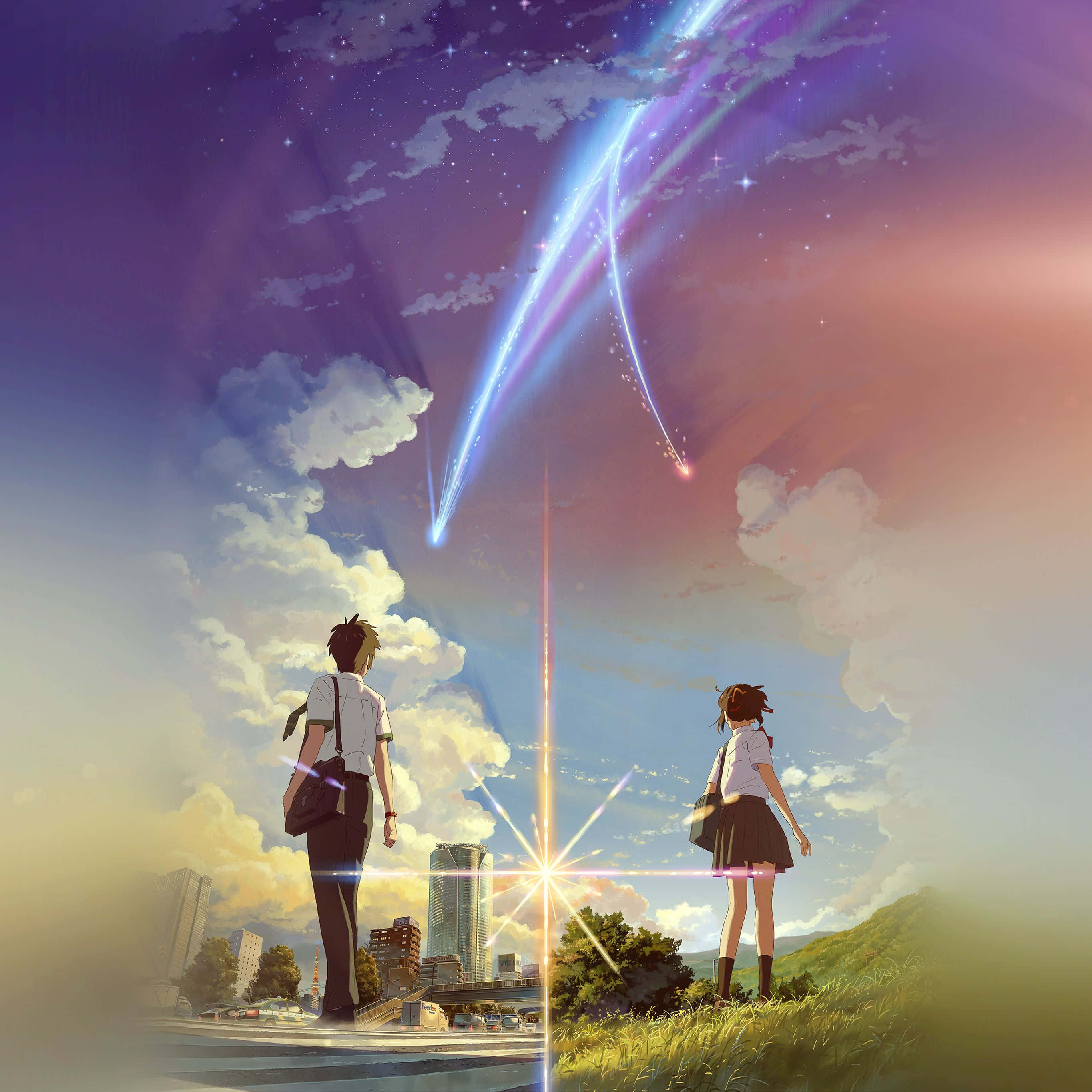 Cute Boy Anime 桌布 壁紙 — 兩名學生站在發光裂縫的兩側，觀看天體條紋照亮暮色天空。