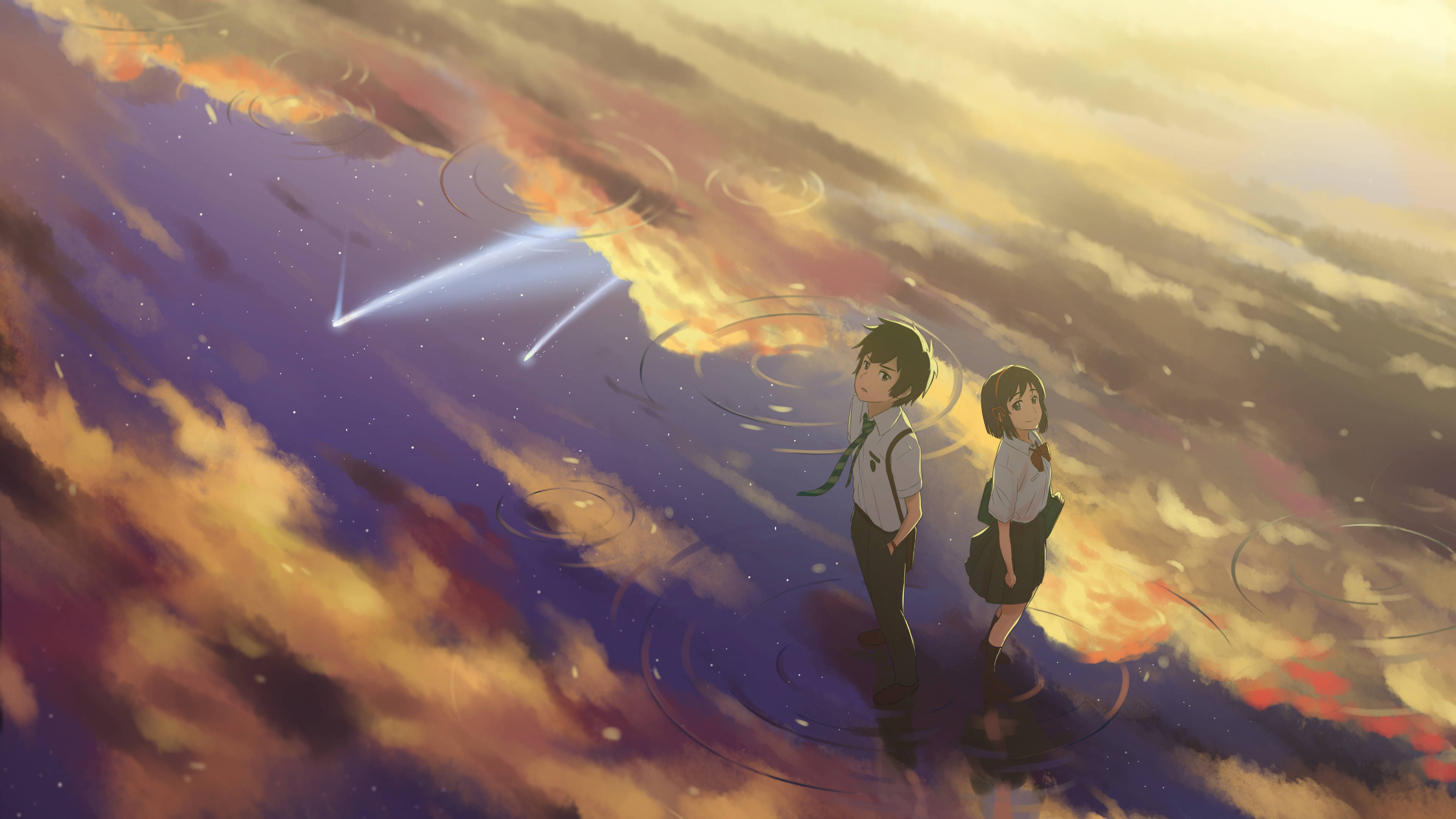 Your Name 桌布 壁紙 — 兩名學童站在宇宙表面上，發光的流星劃過充滿漩渦雲層的超現實暮色天空。