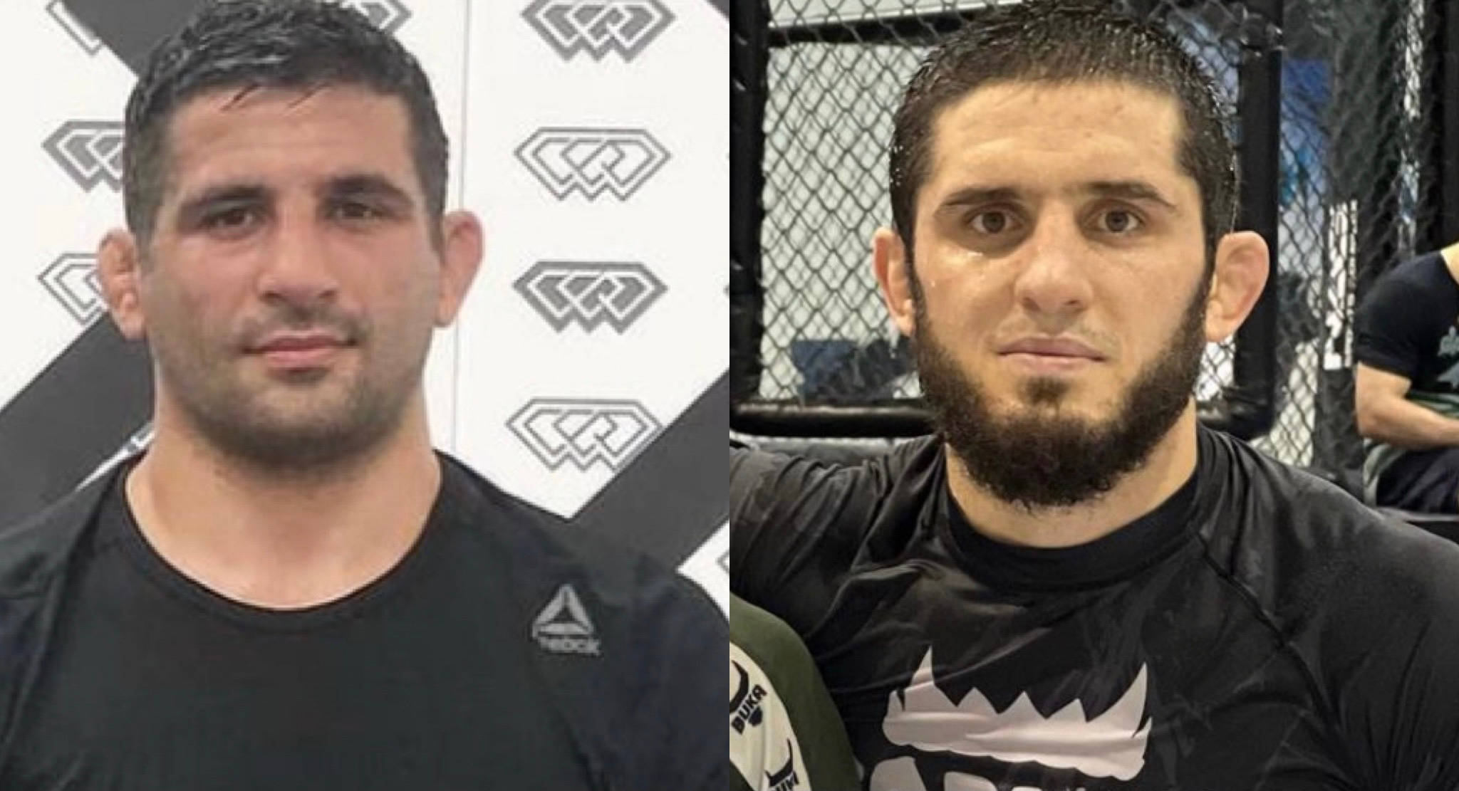 MMA 桌布 壁紙 — 兩名專注的男性拳手身穿黑色訓練裝備，在MMA健身房內並排擺姿勢，背景有鐵絲網圍欄和品牌牆壁。