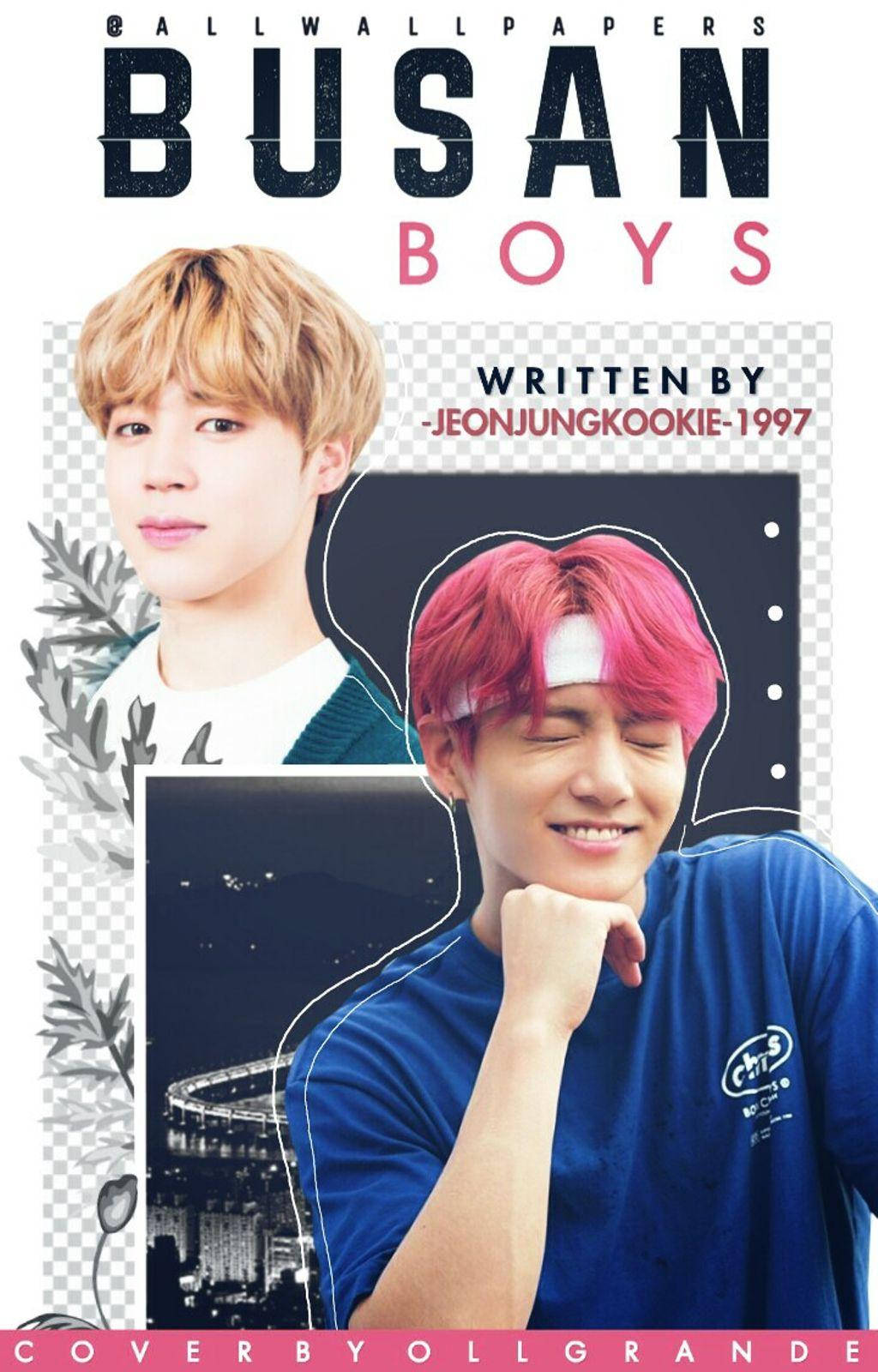 Jikook 桌布 壁紙 — 兩名年輕男子，一頭金髮和粉紅髮，在城市景觀背景下擺姿勢，並帶有文字疊加。