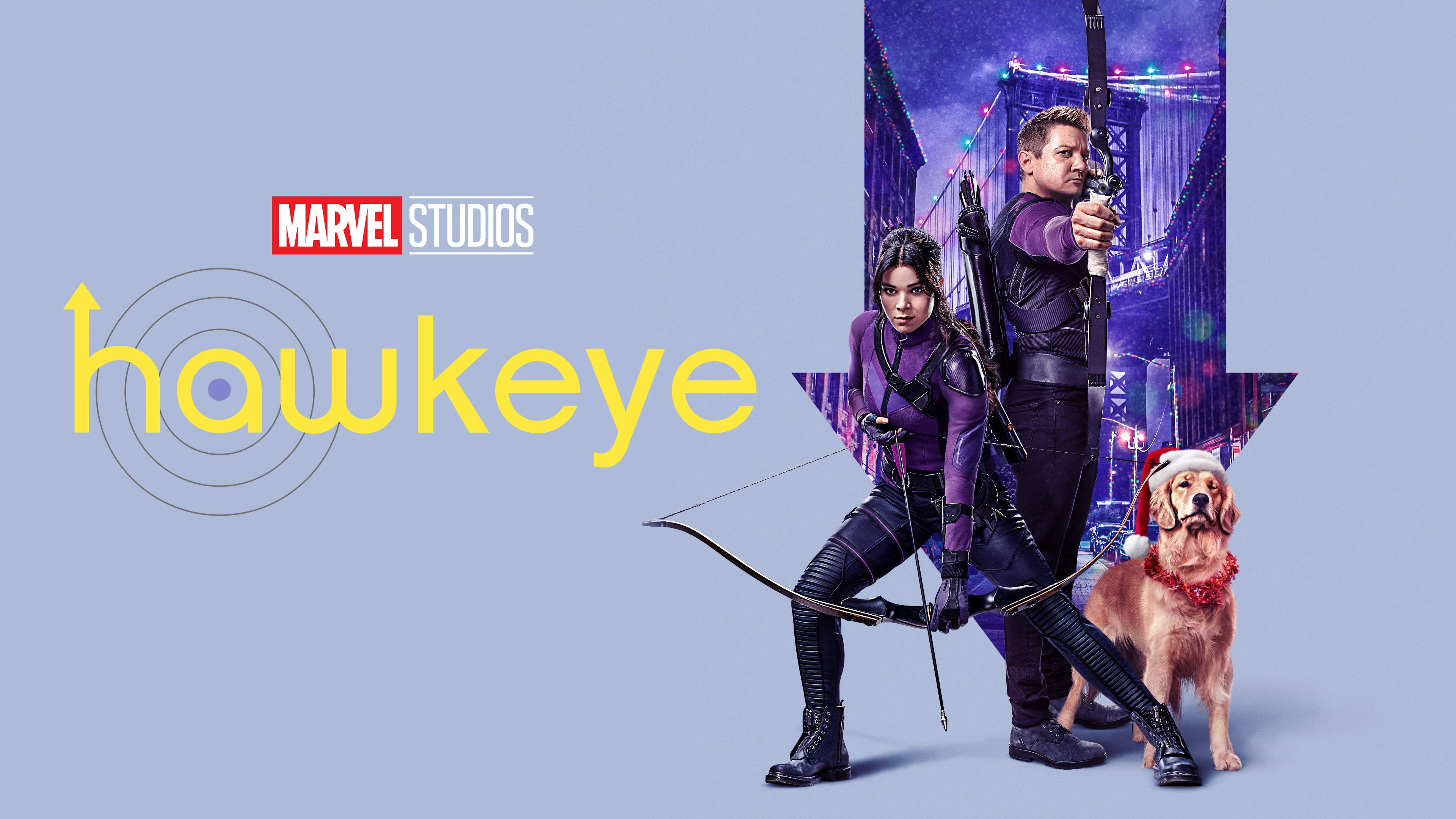 Bishop 桌布 壁紙 — 兩名弓箭手和一隻狗穿著節日裝備，在帶有Marvel Studios品牌標誌的風格化城市背景下準備就緒。