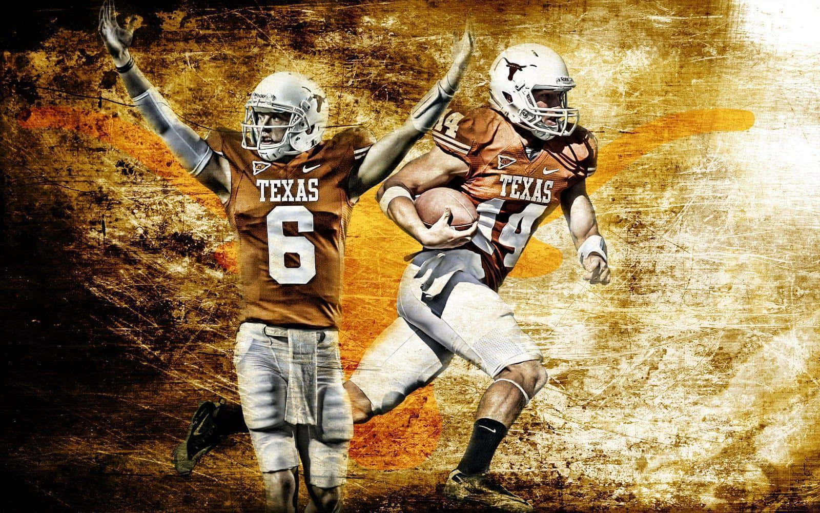 Texas Football 桌布 壁紙 — 兩名德州足球運動員正在行動中，一人帶球奔跑，另一人高舉雙臂慶祝，背景粗糙有紋理。
