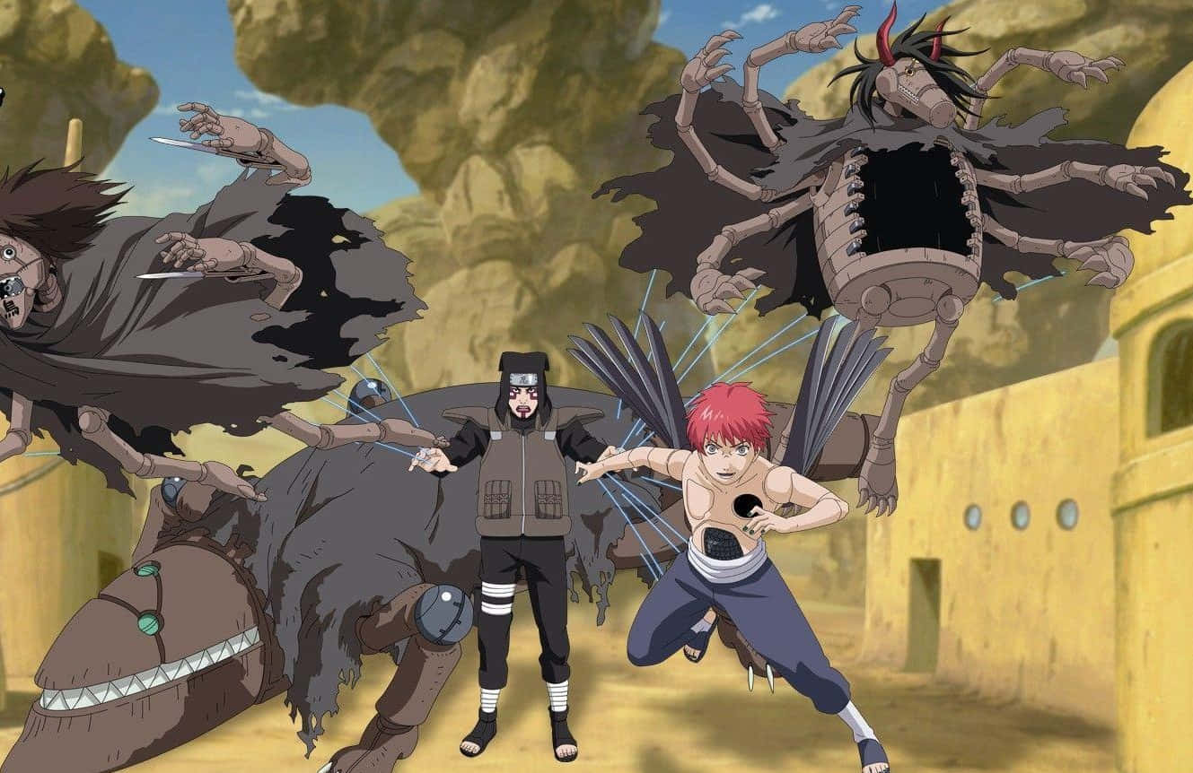 Kankuro 桌布 壁紙 — 兩名忍者戰士在陽光明媚的沙漠村莊中與怪異的影子生物戰鬥，村莊裡有搖搖欲墜的石頭建築。