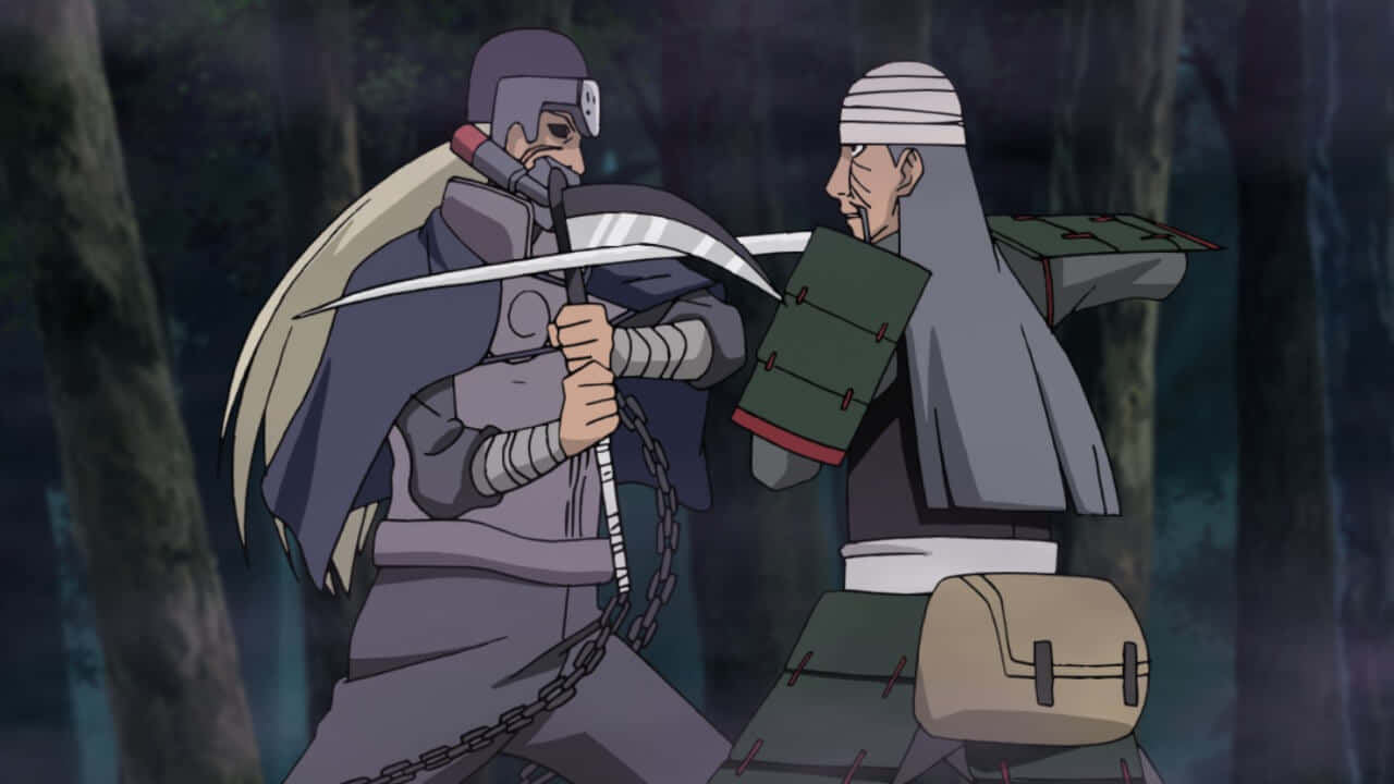 Toshiro Mifune 桌布 壁紙 — 兩名忍者戰士在黑暗森林中劍刃交鋒，表情緊張，燈光戲劇化。