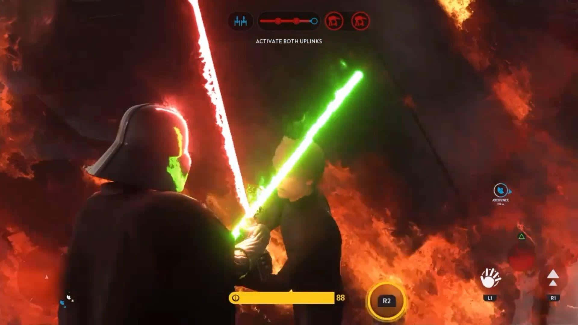 Lightsaber Duel 桌布 壁紙 — 兩名戰士在《星際大戰》遊戲場景中，於熾熱爆炸中揮舞紅色和綠色光劍交鋒。