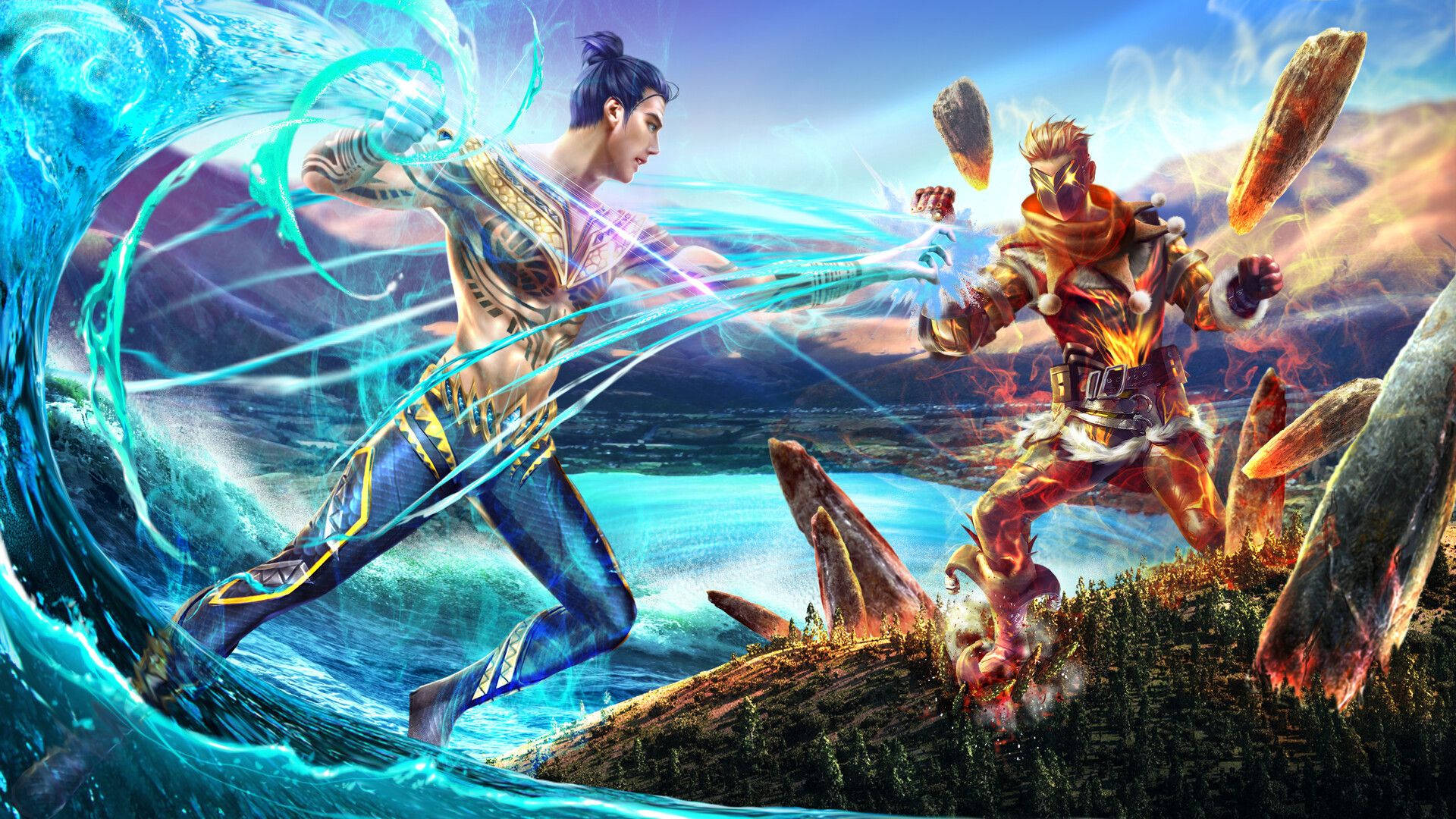兩名奇幻戰士在戲劇性的風景中用水與火魔法戰鬥。 — Fire Emblem Warriors 壁紙