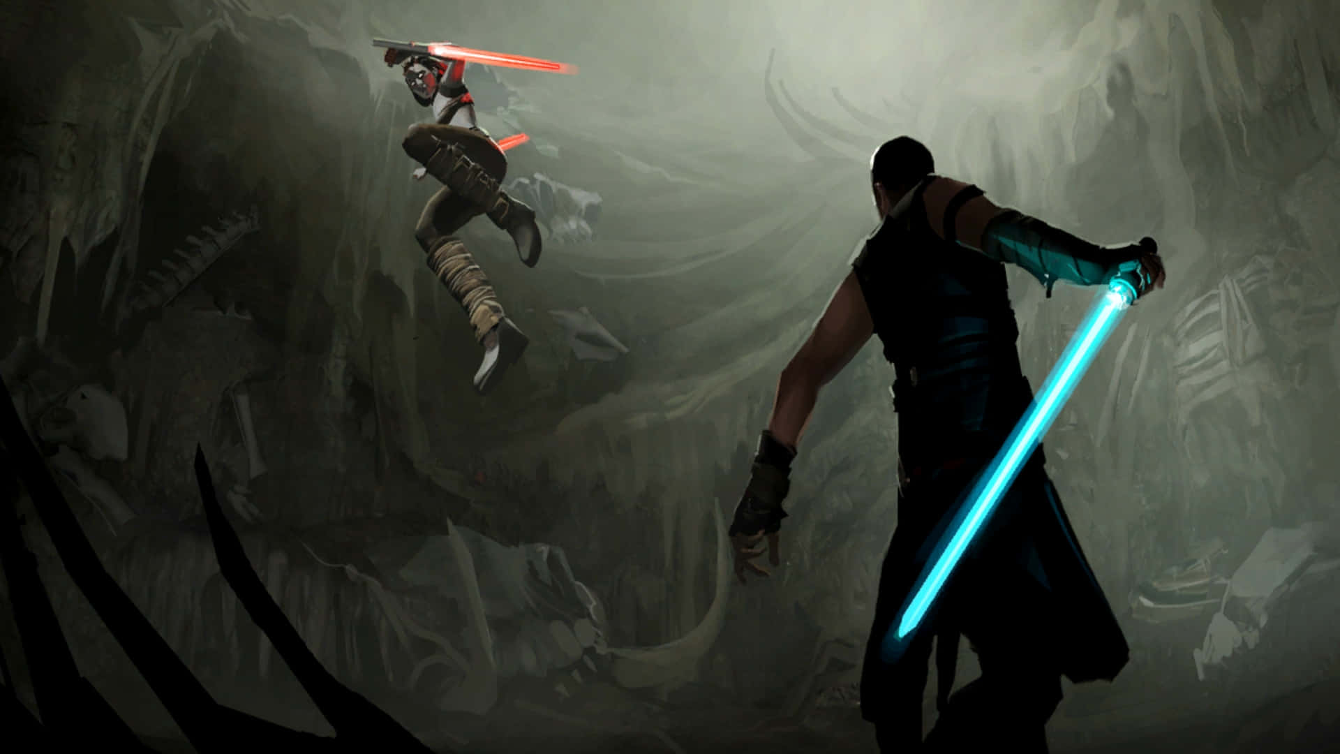 Lightsaber Duels 桌布 壁紙 — 兩名戰士在充滿巨型骨頭的迷霧洞穴中用發光的激光劍決鬥。