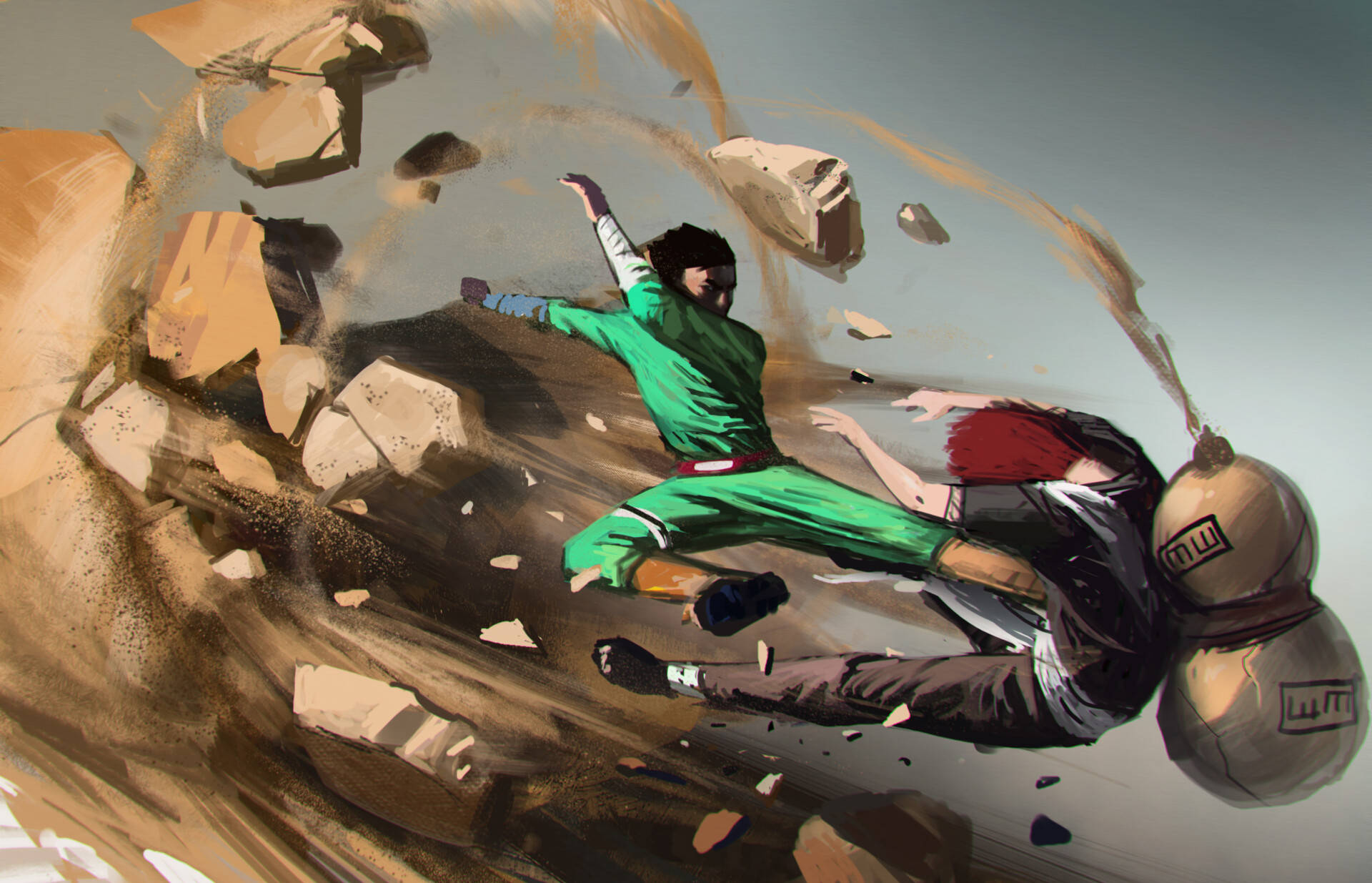 Rock Lee 桌布 壁紙 — 兩名戰士在半空中碰撞，周圍飛揚的碎片和塵埃形成風暴，構成動態的動漫風格戰鬥場景。