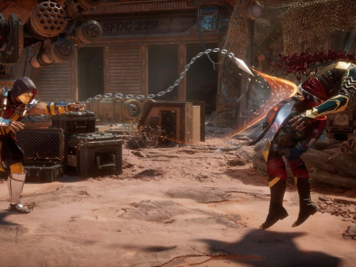 Fighting Games 桌布 壁紙 — 兩名戰士在塵土飛揚的未來主義小巷中衝突，鐵鏈和火花在鏽蝕金屬和破碎木箱間飛舞。