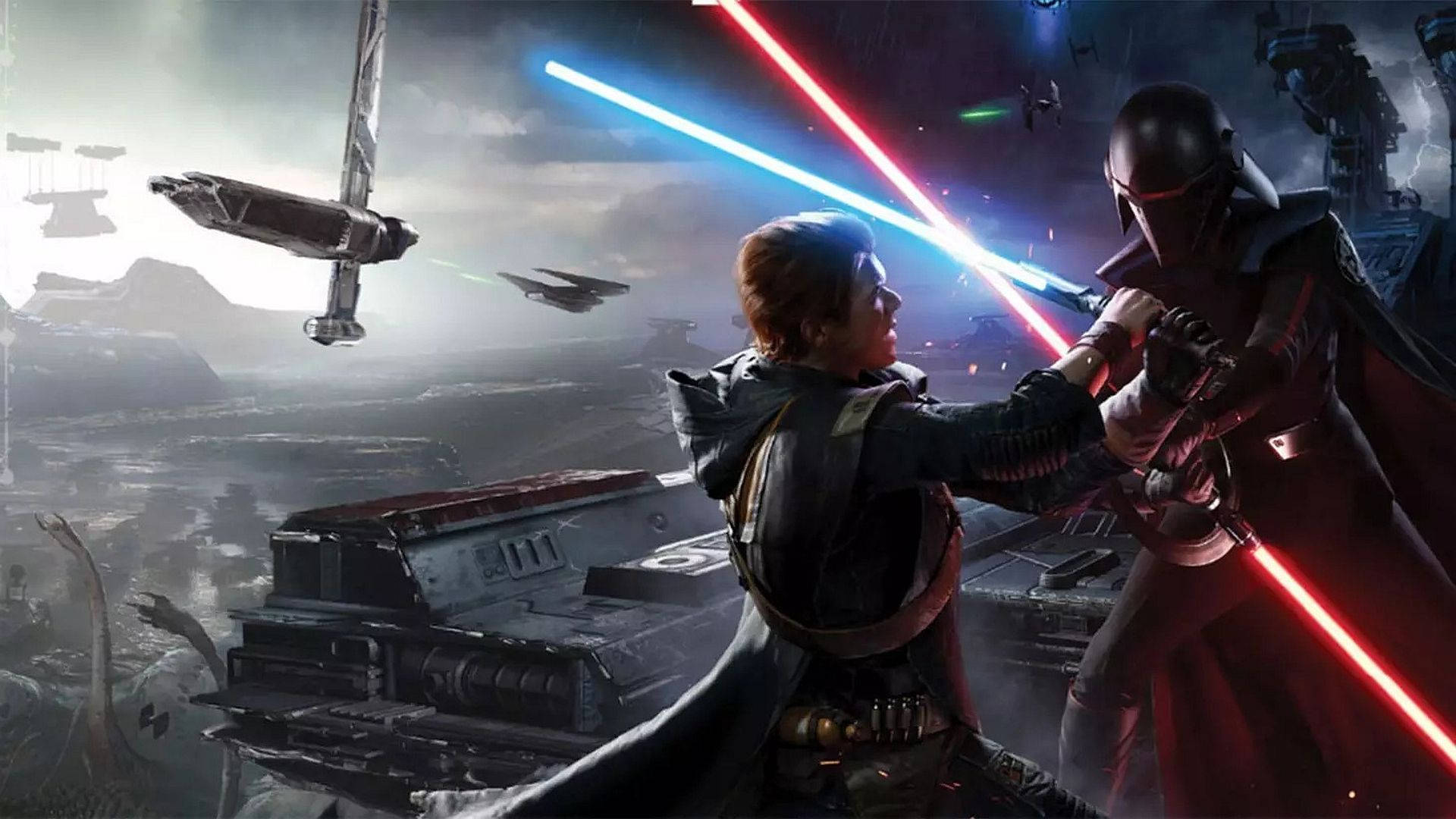 Jedi Fallen Order 桌布 壁紙 — 兩名戰士在戰爭蹂躪的外星景觀中，用藍色和紅色的光劍交鋒，頭頂有星際戰鬥機飛過。