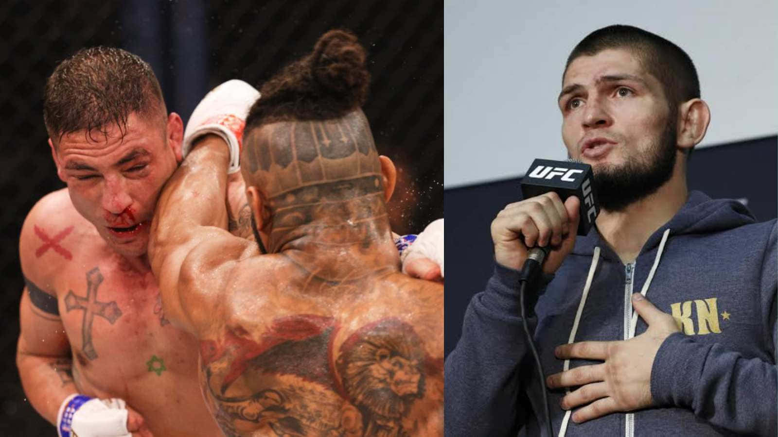 MMA 桌布 壁紙 — 兩名戰士在戰鬥中，滿臉鮮血和紋身，與一名對著UFC麥克風說話的戰士形成對比。