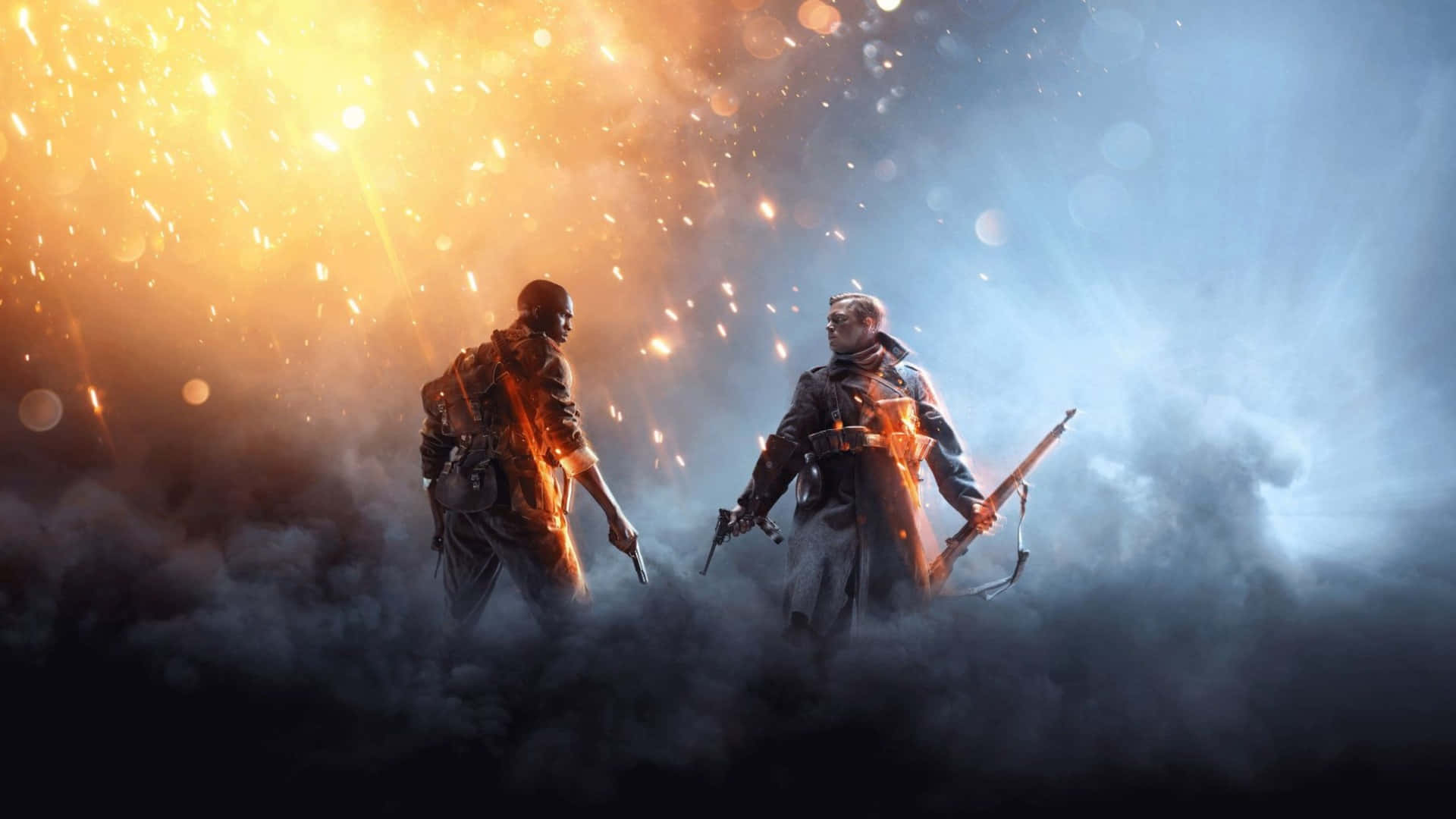 1920x1080 Battlefield 1 桌布 壁紙 — 兩名戰士在戲劇性的戰鬥場景中，背對著熾熱的橙色光芒和旋轉的煙霧站立。